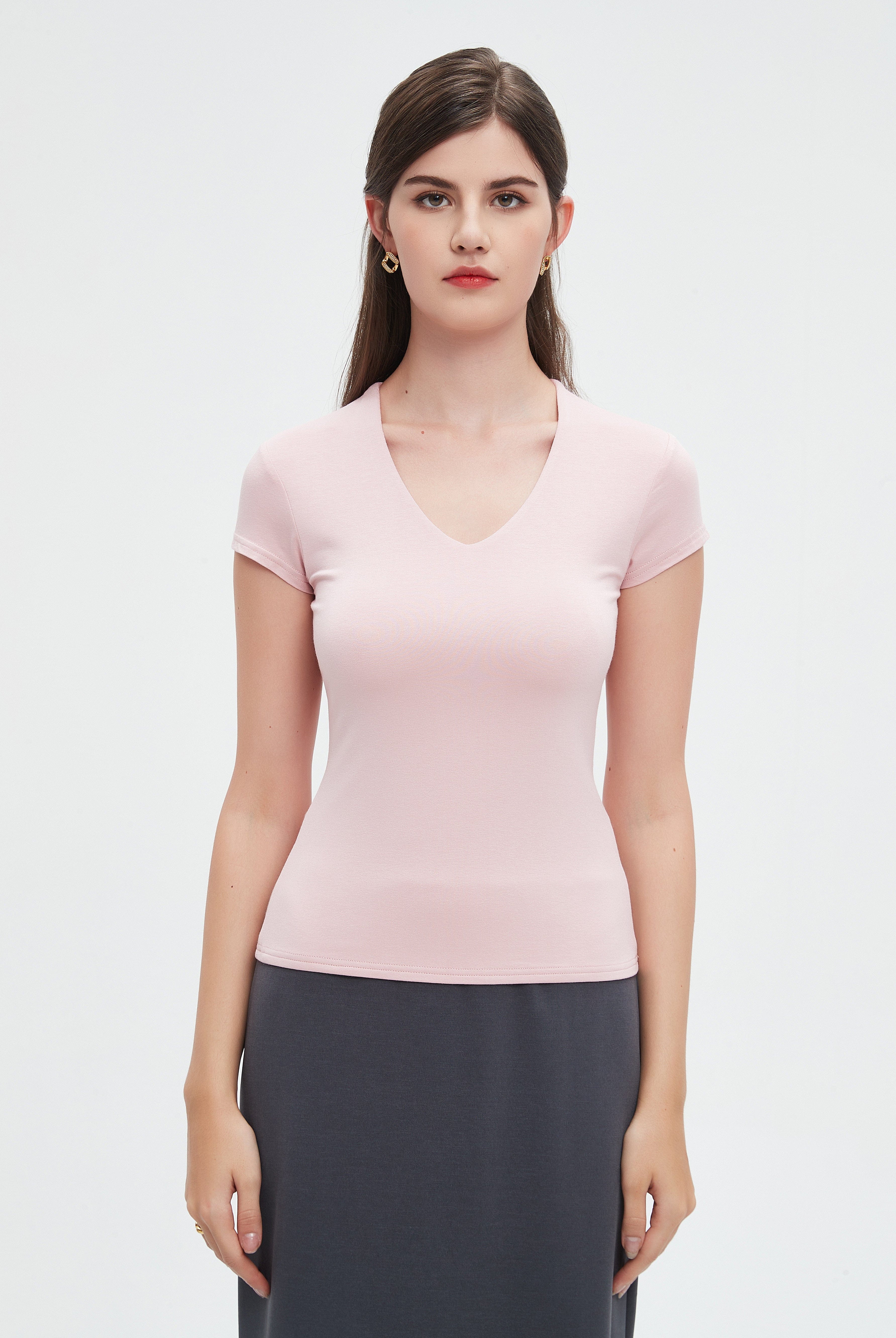 نتشي بلوزة أكمام قصيرة سادة ضيقة