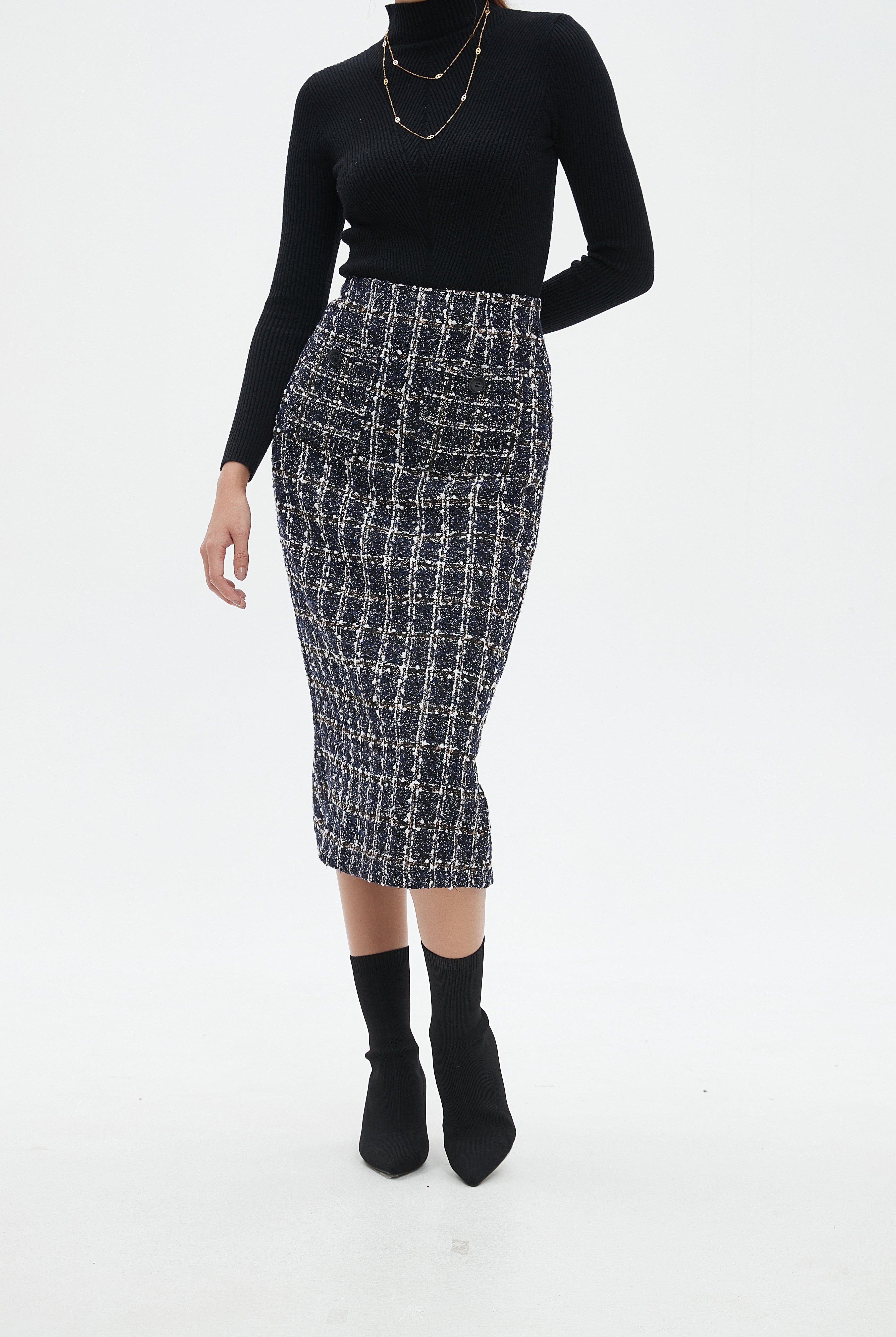 نتشي تنورة ميدي بنمط مربعات بخصر مرتفع