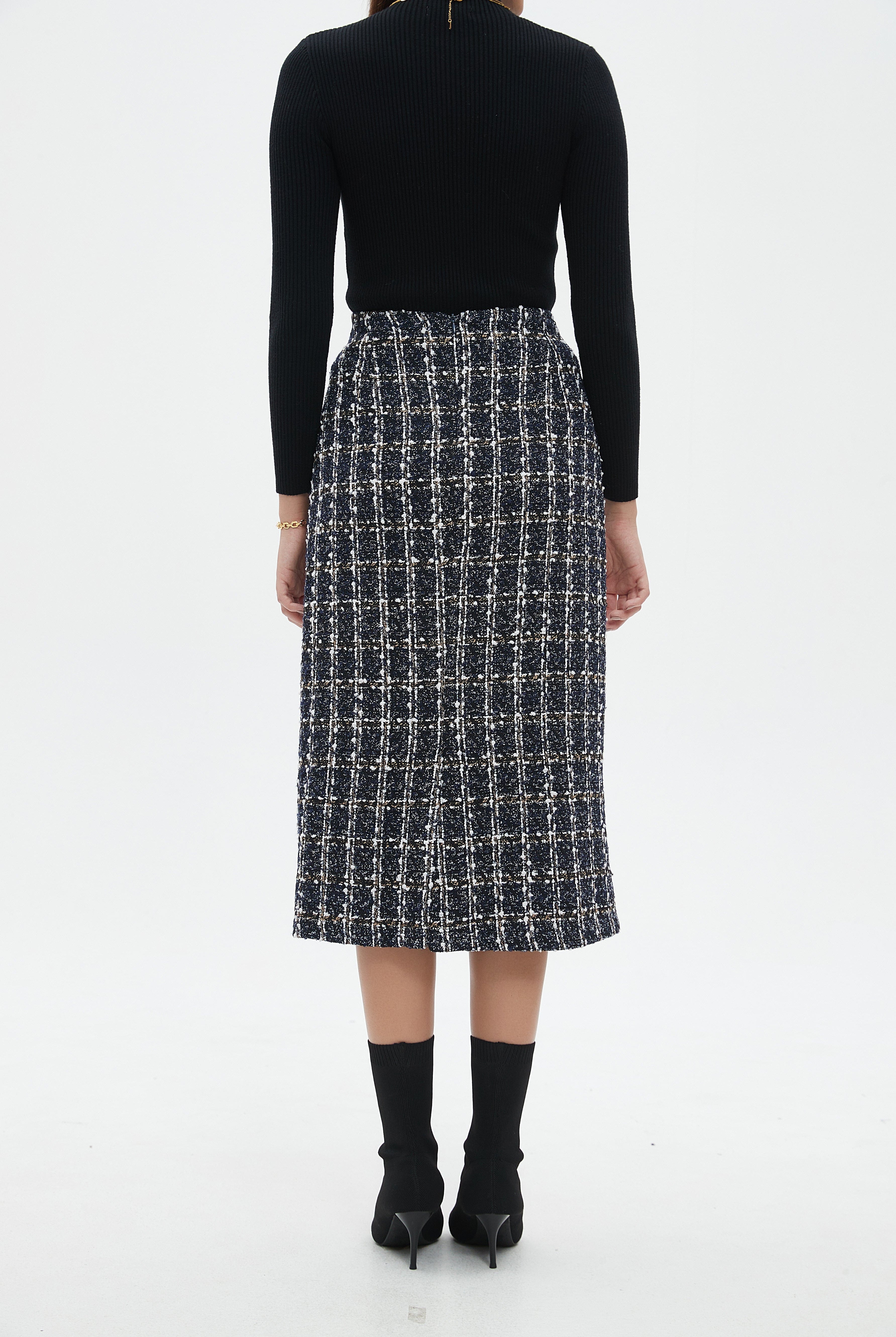 نتشي تنورة ميدي بنمط مربعات بخصر مرتفع