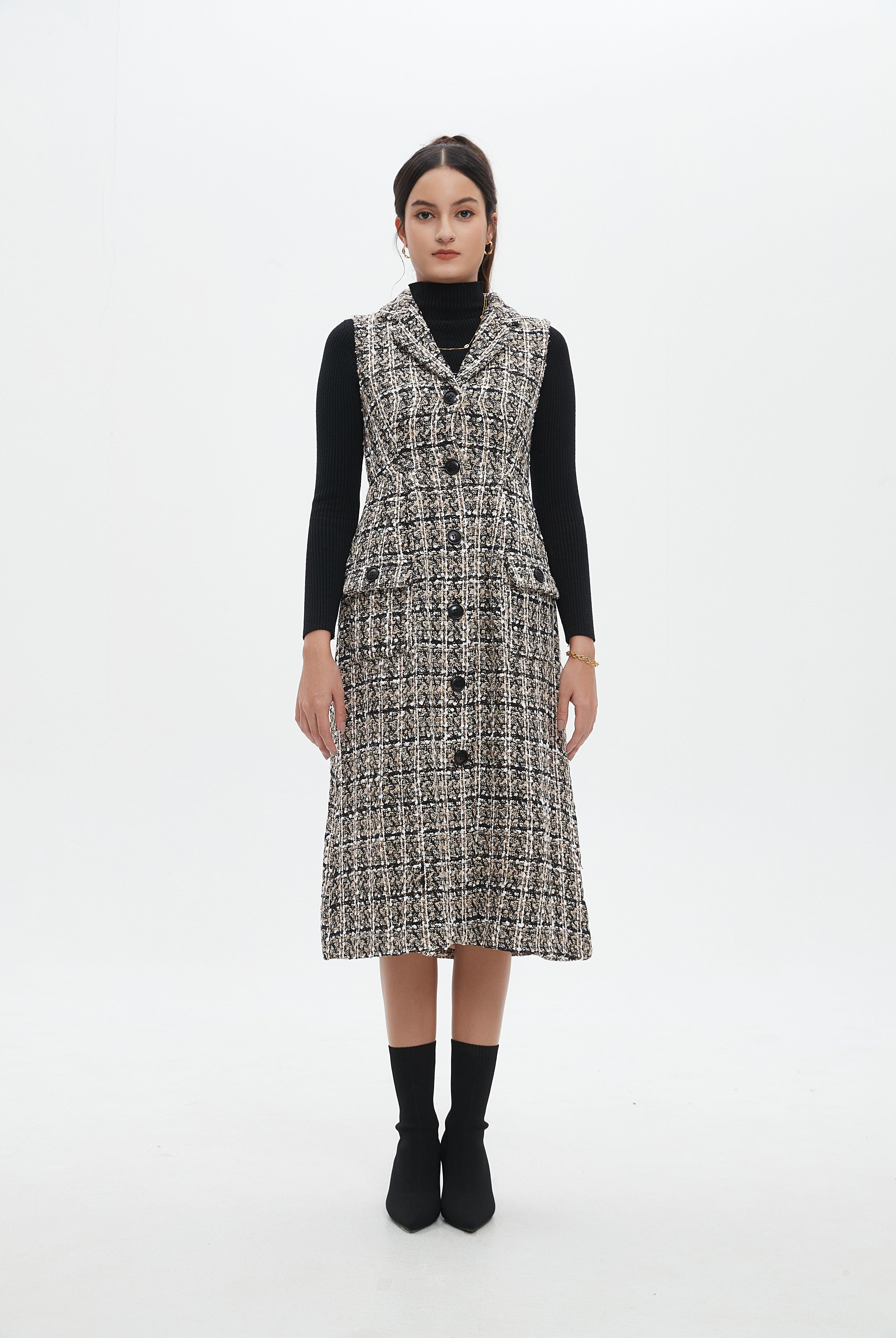 نتشي فستان ميدي منسوج بدون أكمام بأزرار أمامية