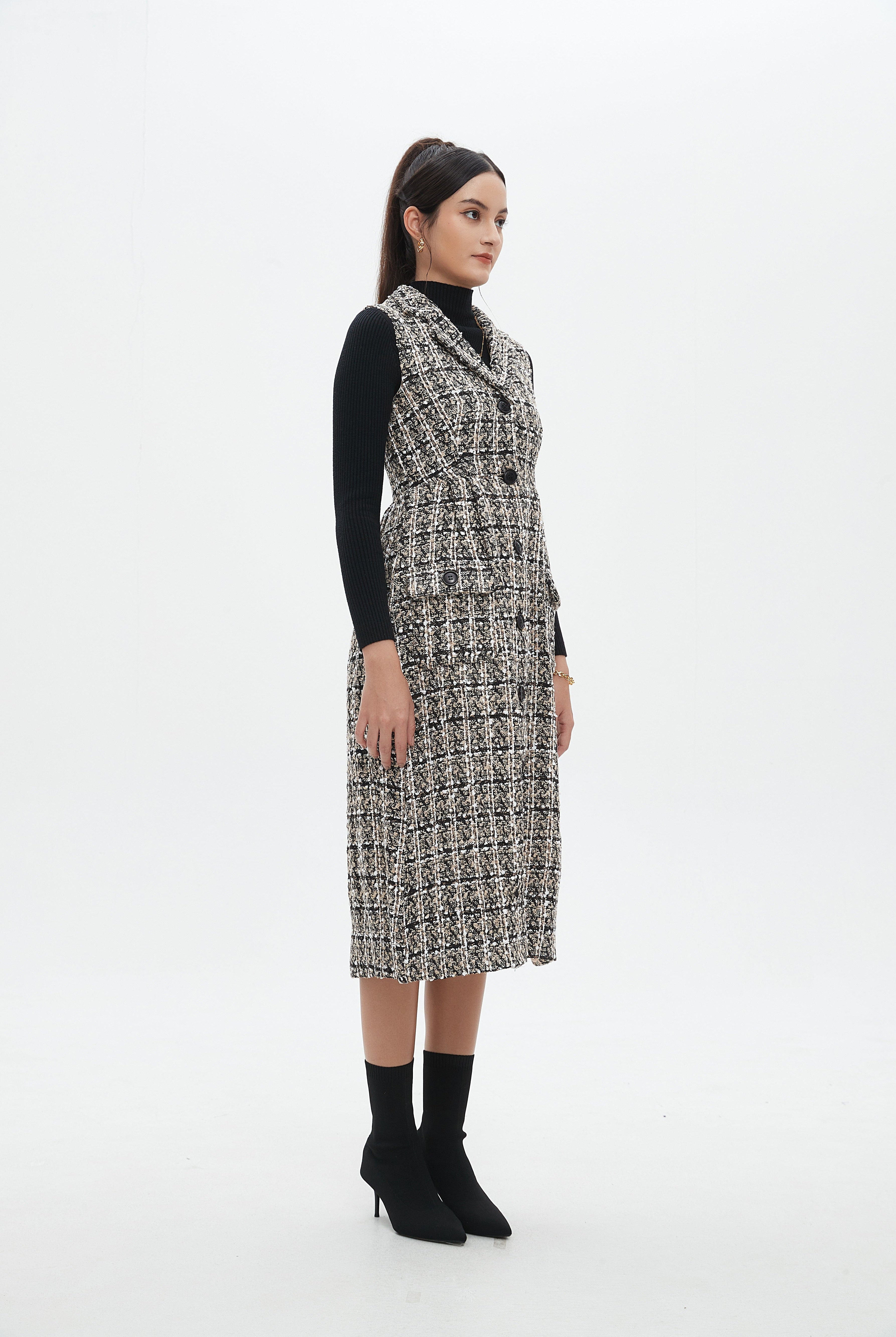 نتشي فستان ميدي منسوج بدون أكمام بأزرار أمامية