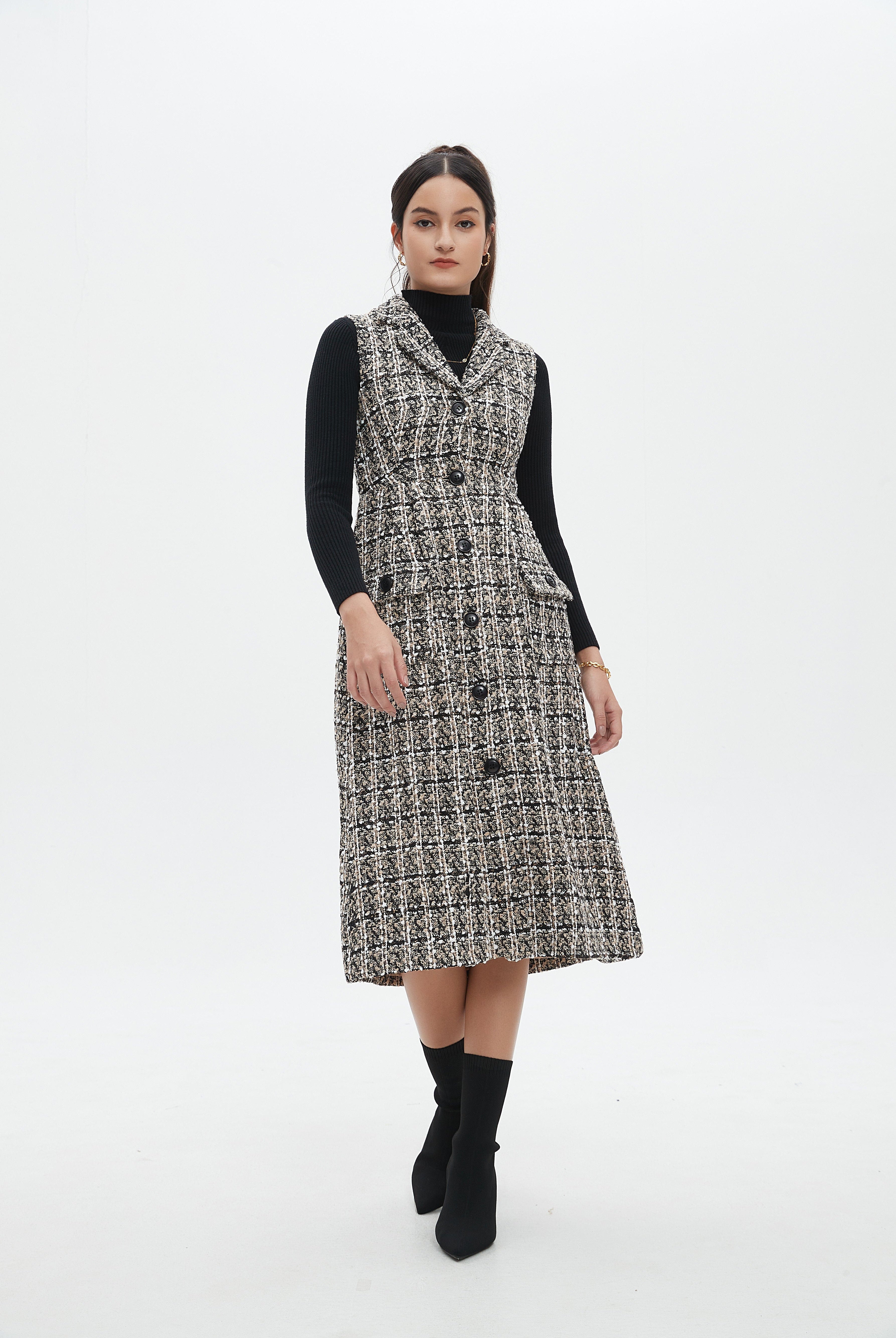 نتشي فستان ميدي منسوج بدون أكمام بأزرار أمامية