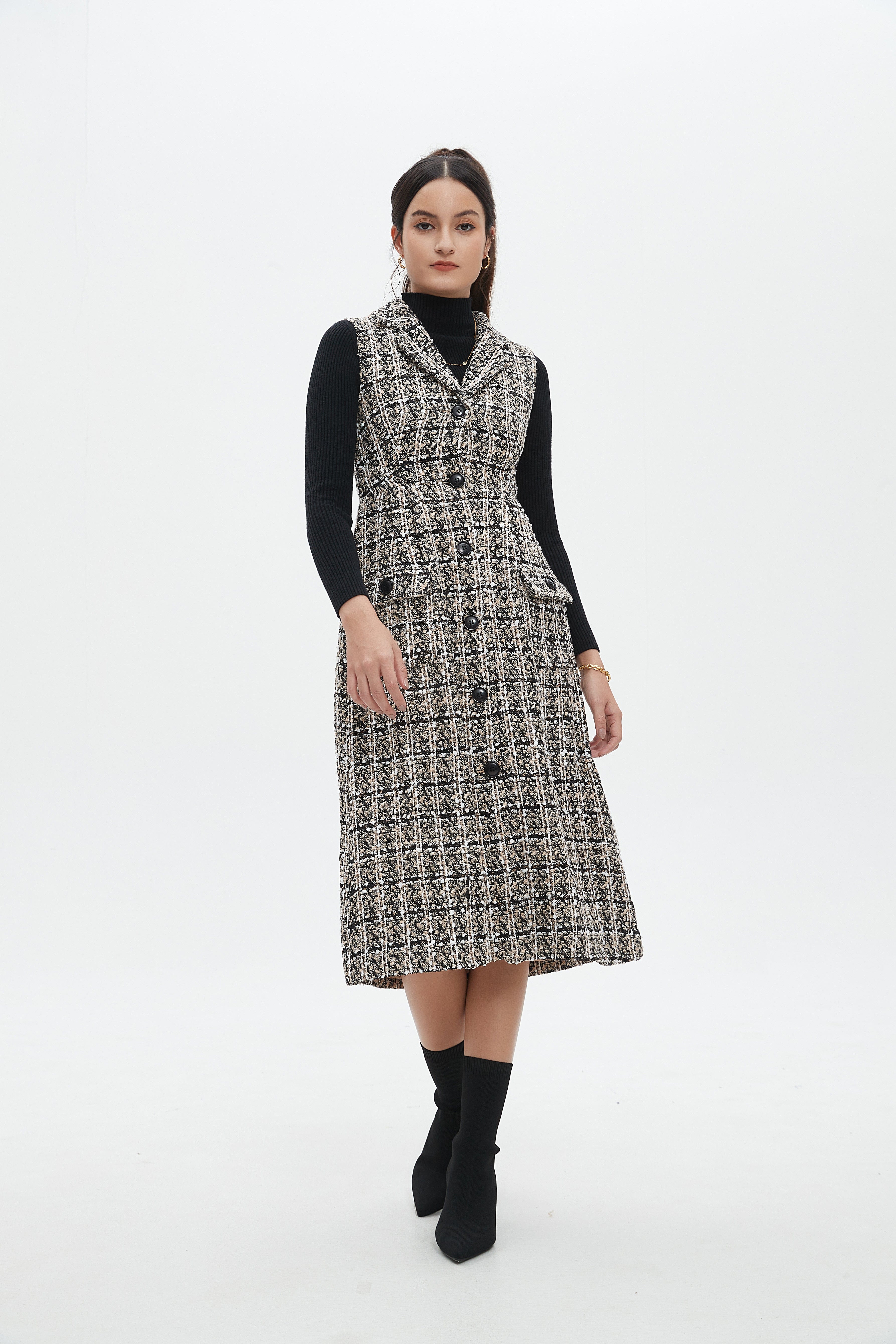 نتشي فستان ميدي منسوج بدون أكمام بأزرار أمامية