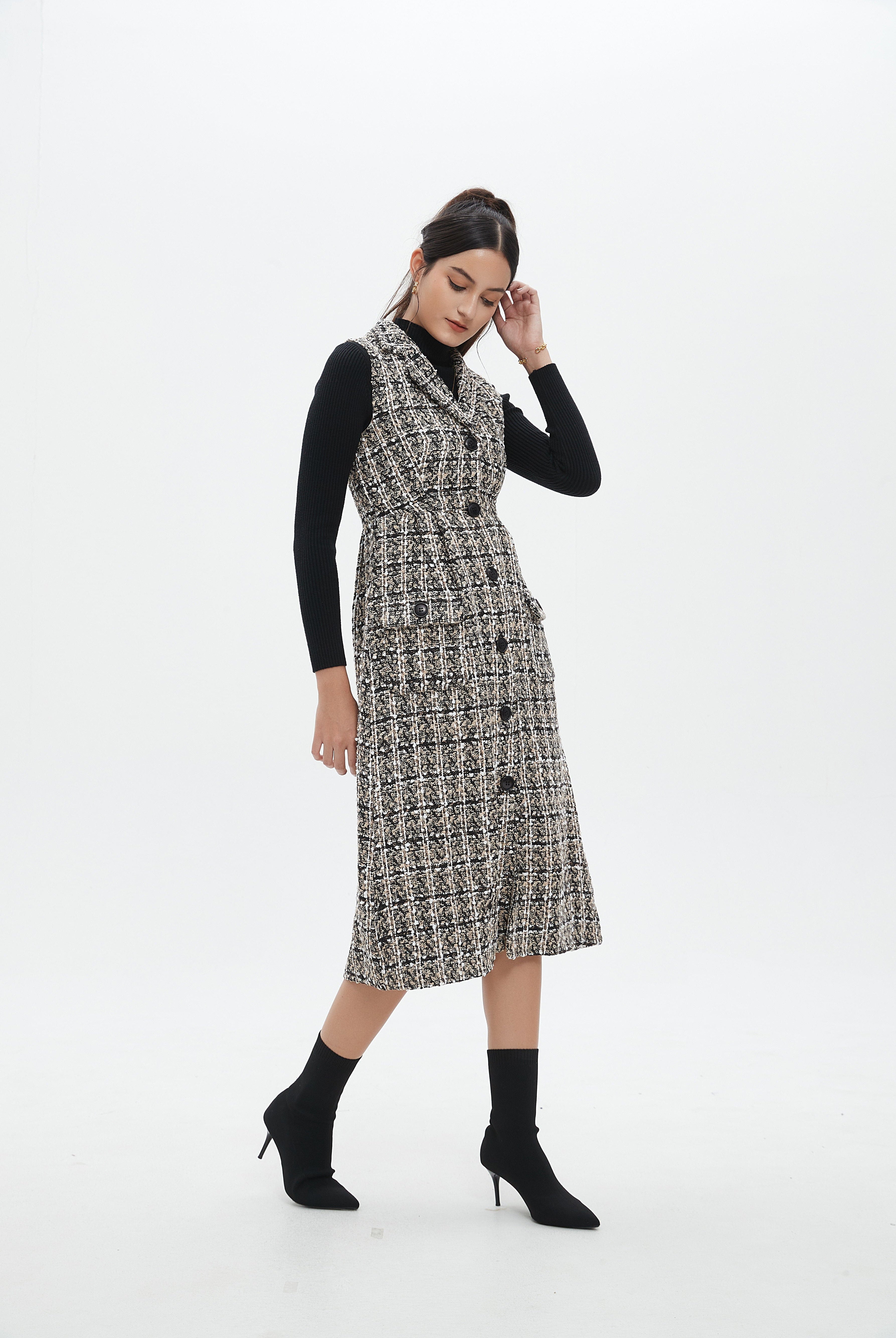 نتشي فستان ميدي منسوج بدون أكمام بأزرار أمامية