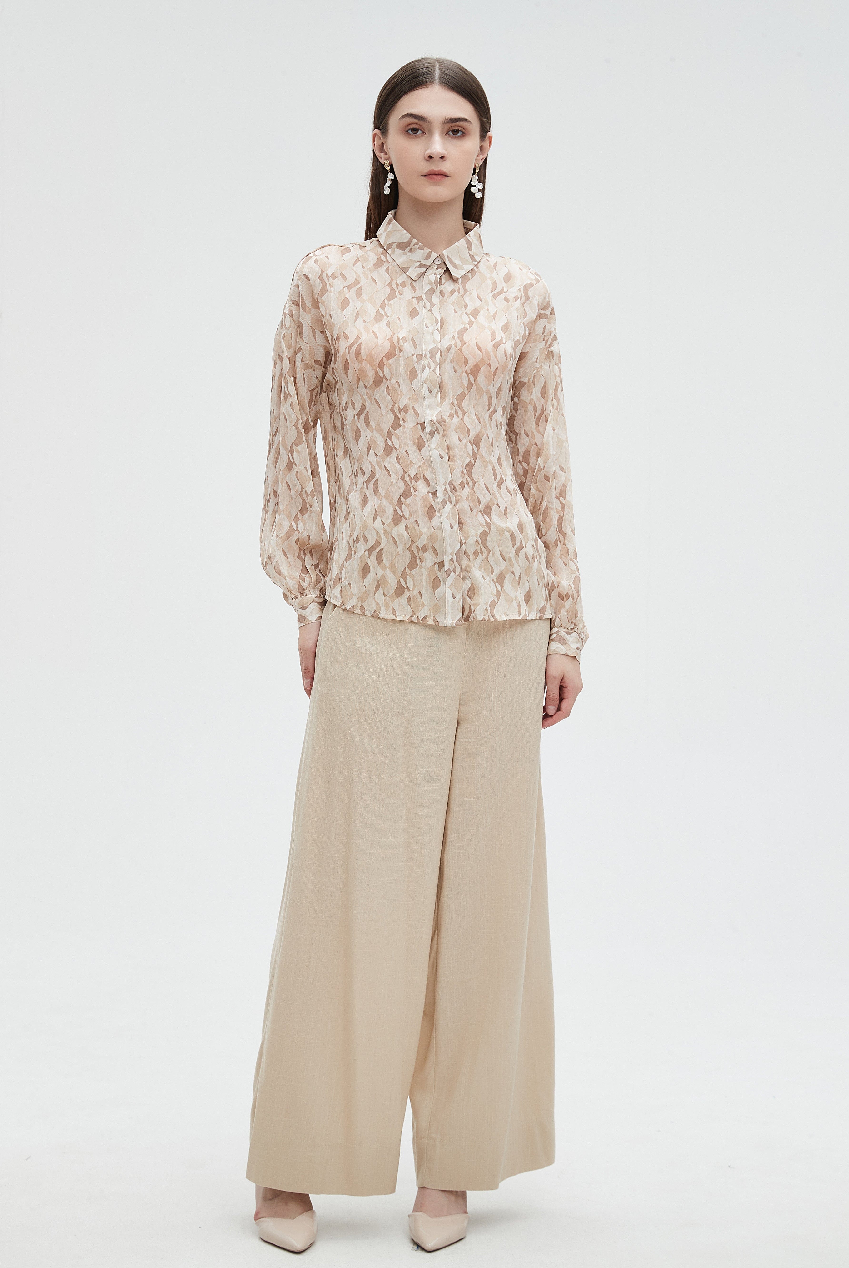 ميكا بلوزة منقوشة نسائية بكم طويل وياقة