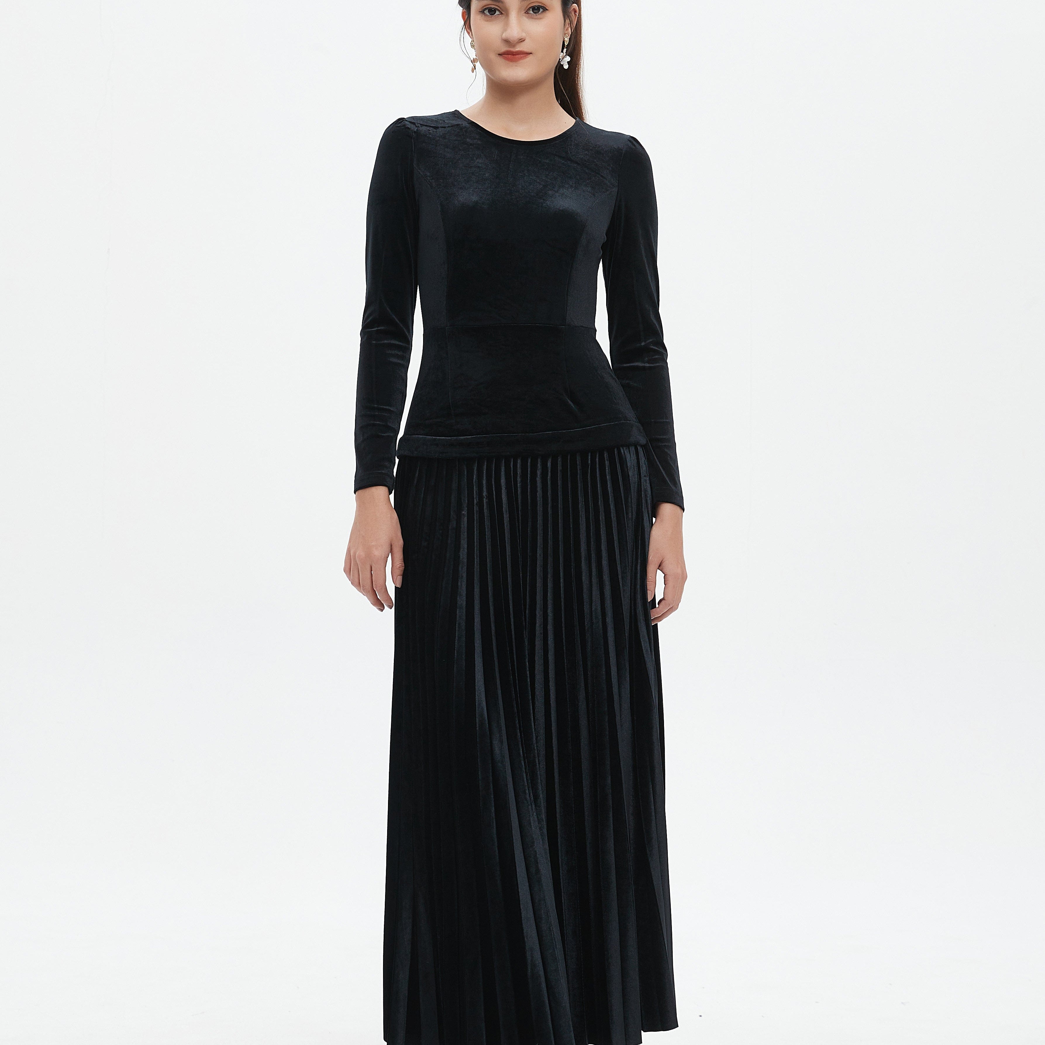 نتشي فستان ماكسي كم طويل سادة مخصر نسائي