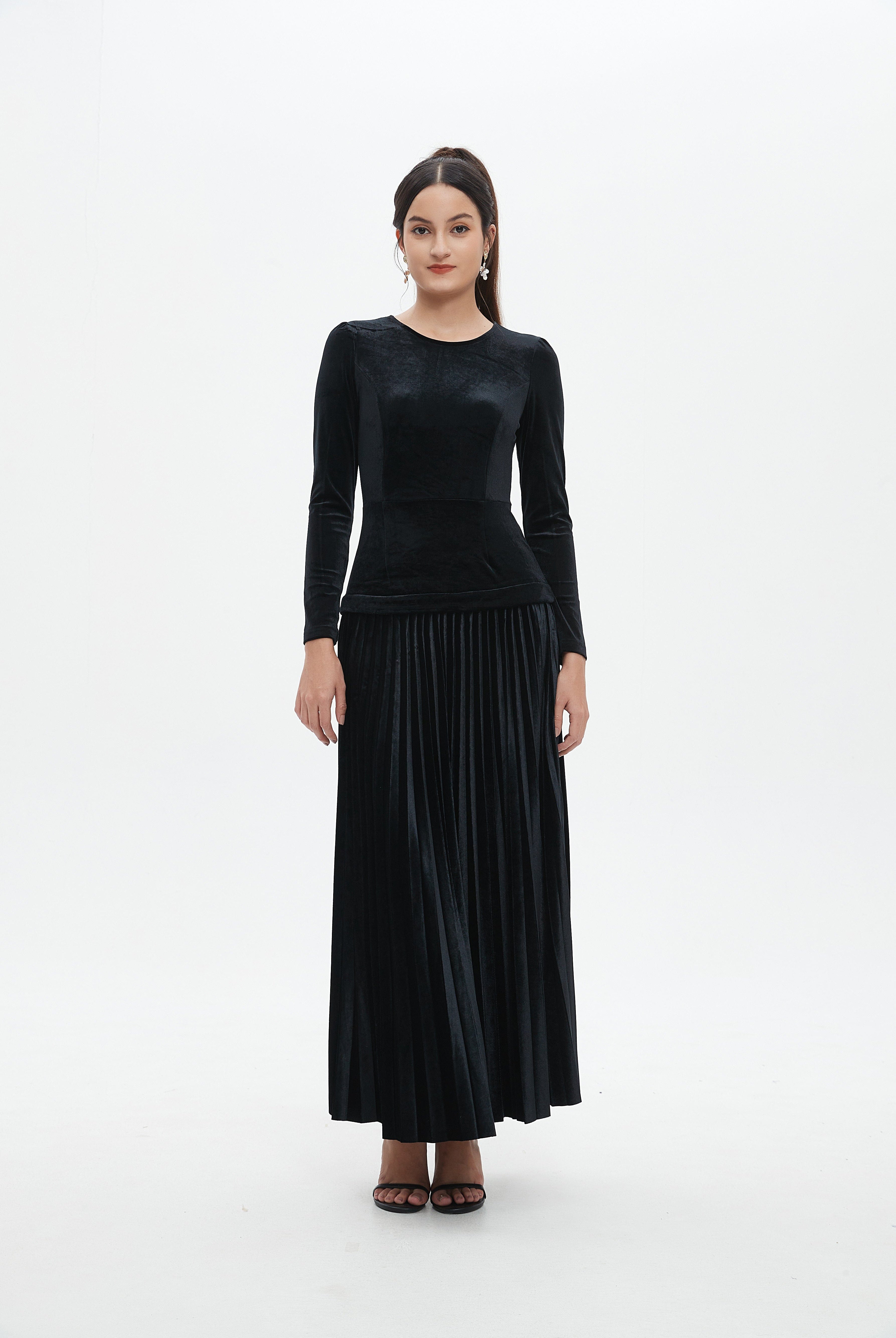 نتشي فستان ماكسي كم طويل سادة مخصر نسائي