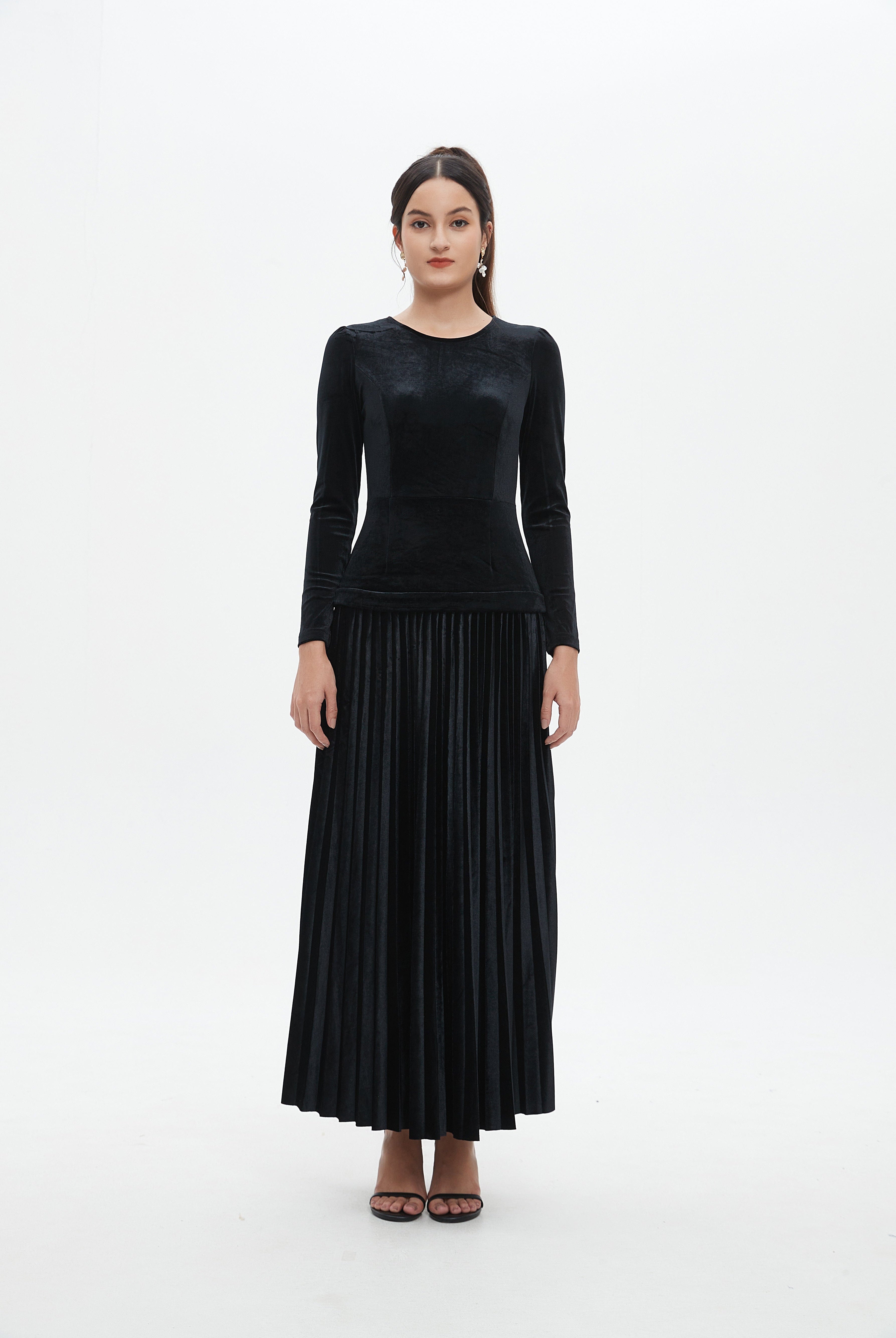 نتشي فستان ماكسي كم طويل سادة مخصر نسائي