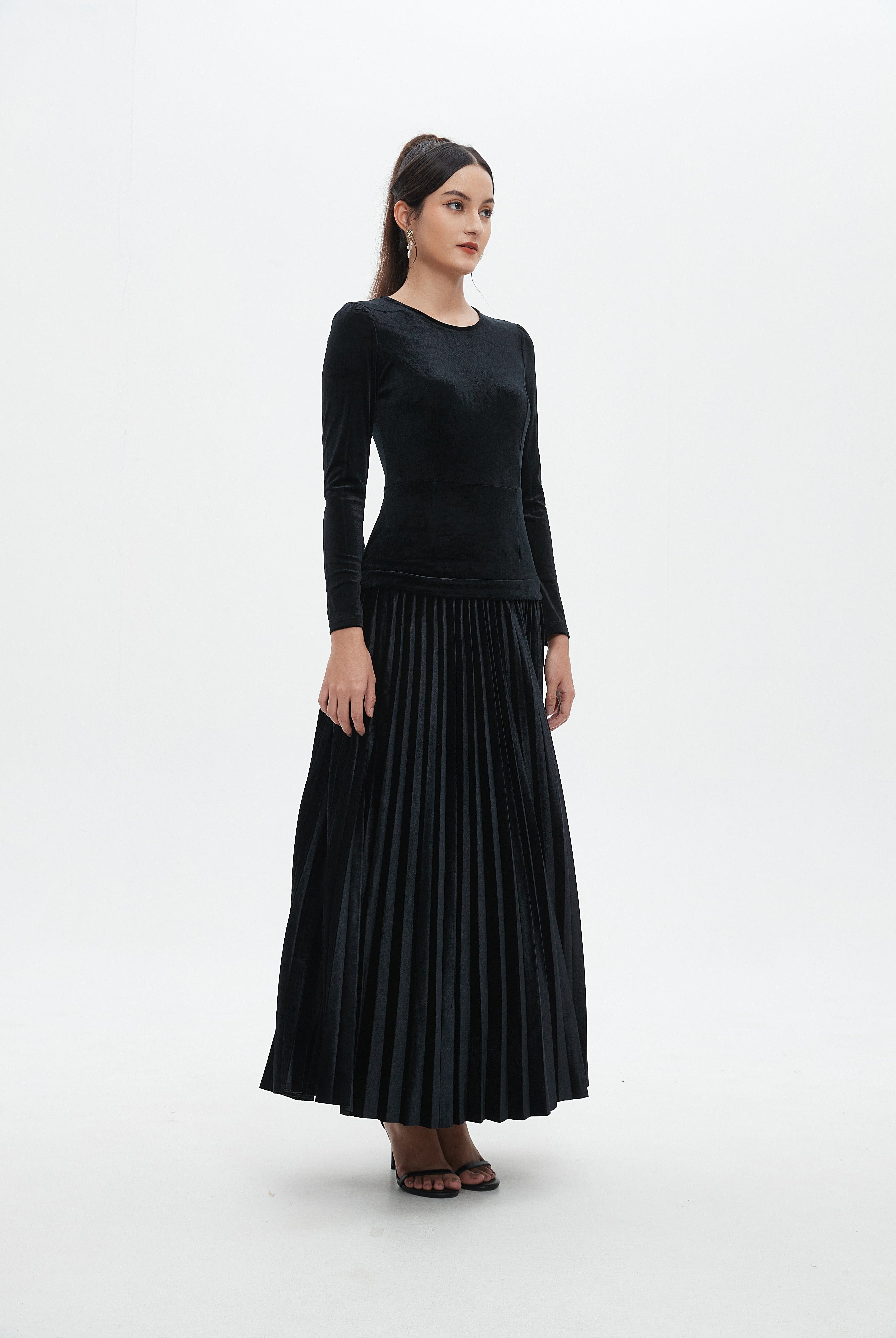 نتشي فستان ماكسي كم طويل سادة مخصر نسائي