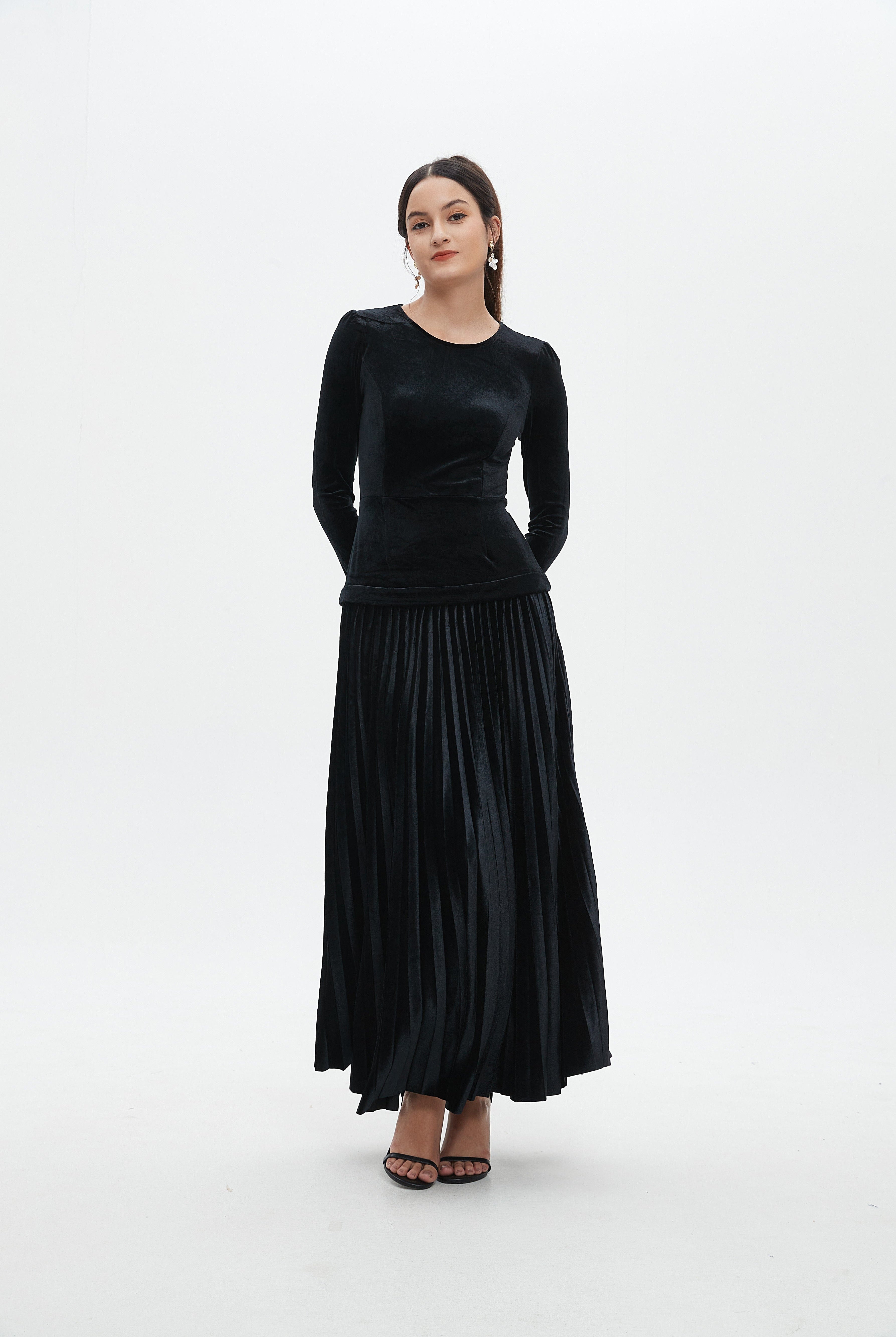 نتشي فستان ماكسي كم طويل سادة مخصر نسائي