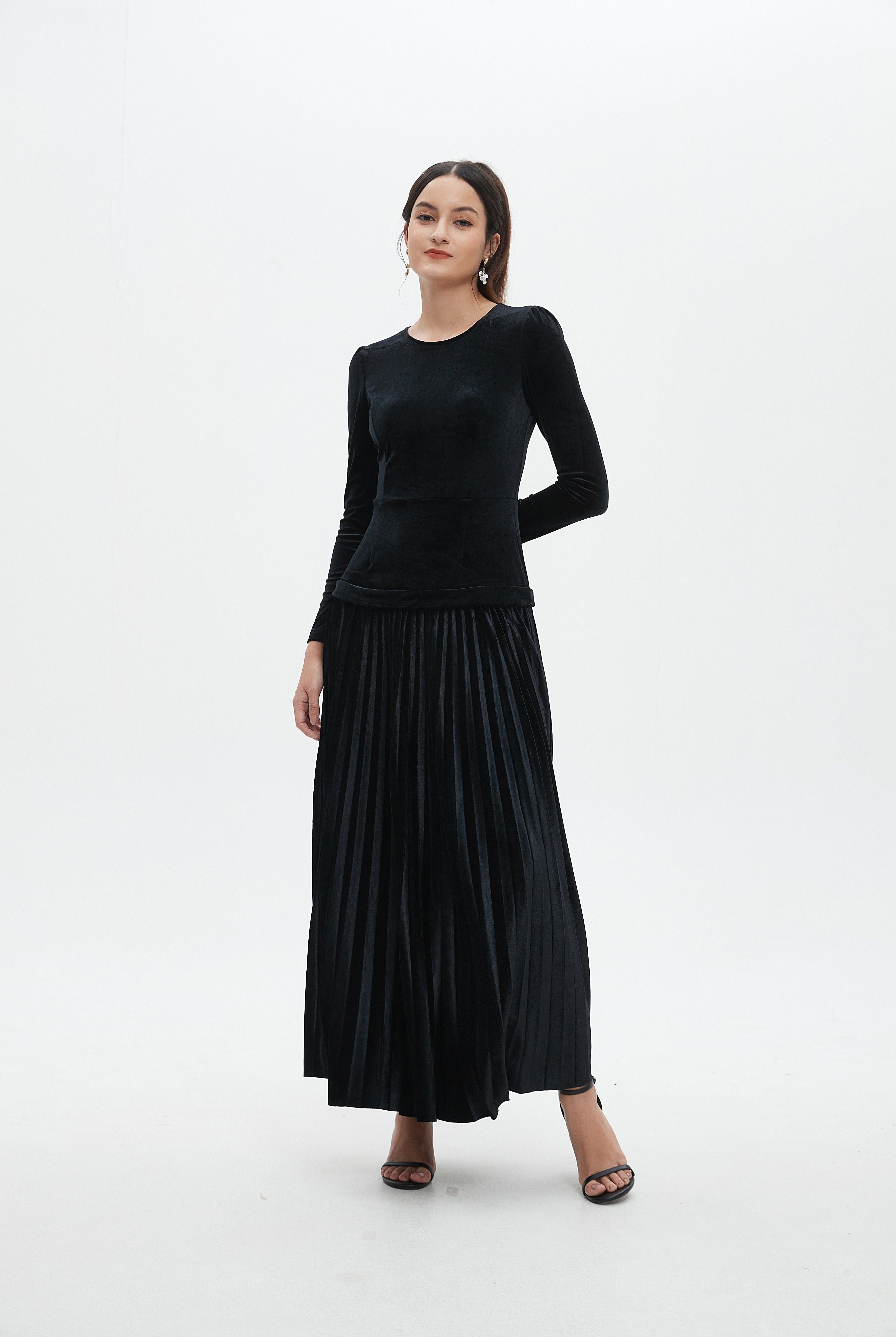 نتشي فستان ماكسي كم طويل سادة مخصر نسائي