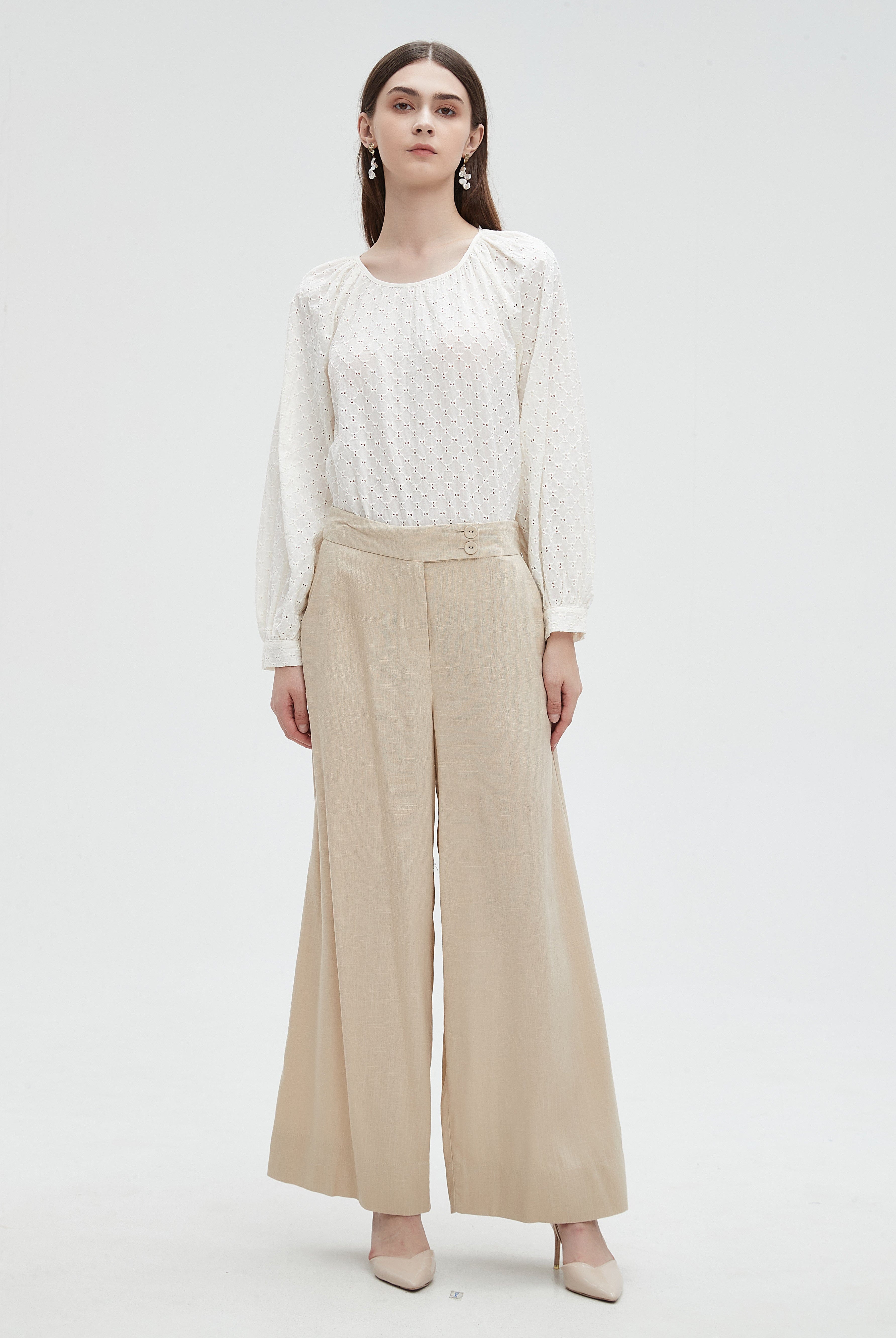 ميكا بلوزة مخرمة كم طويل بف برقبة دائرية نسائي