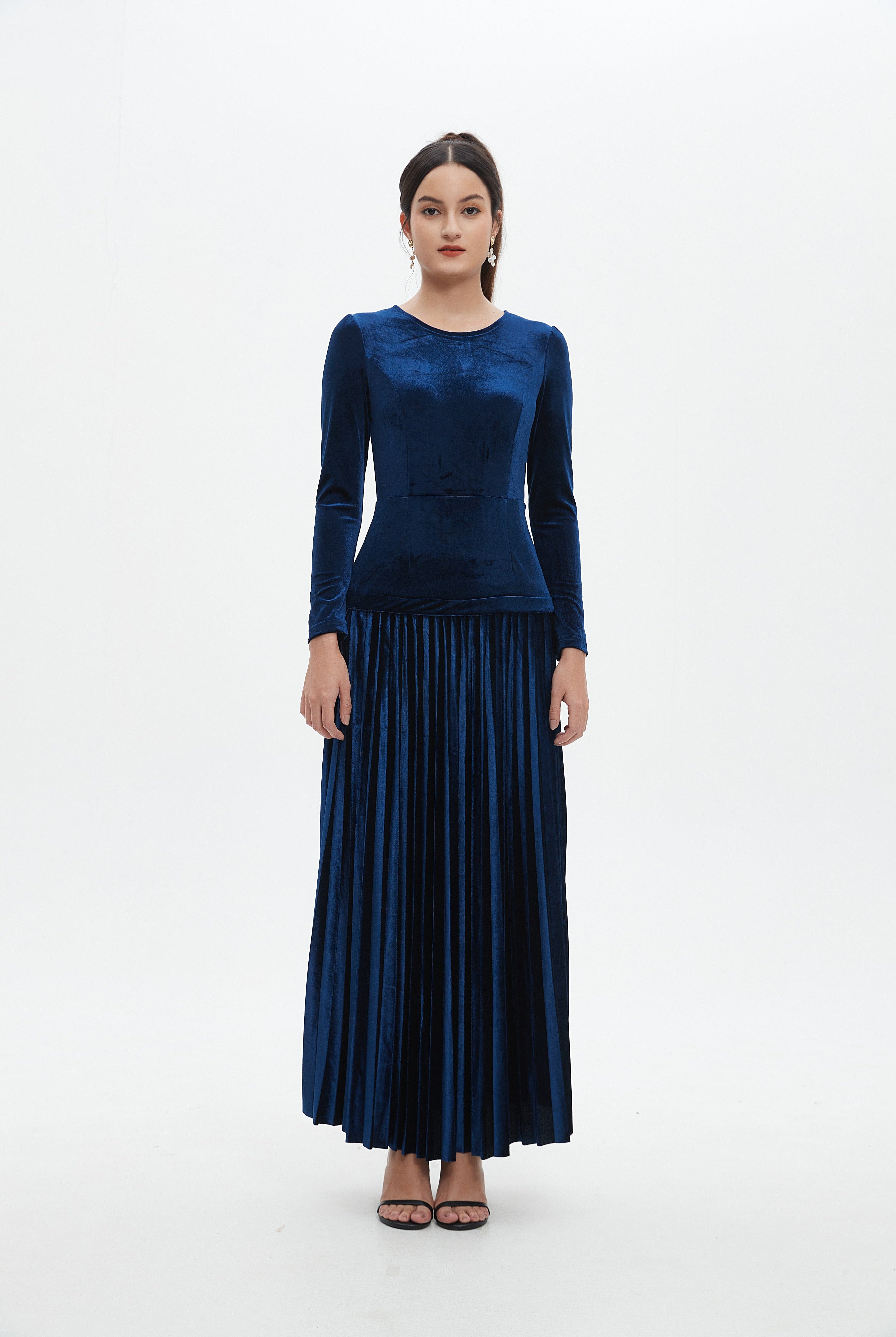 نتشي فستان ماكسي كم طويل سادة مخصر نسائي