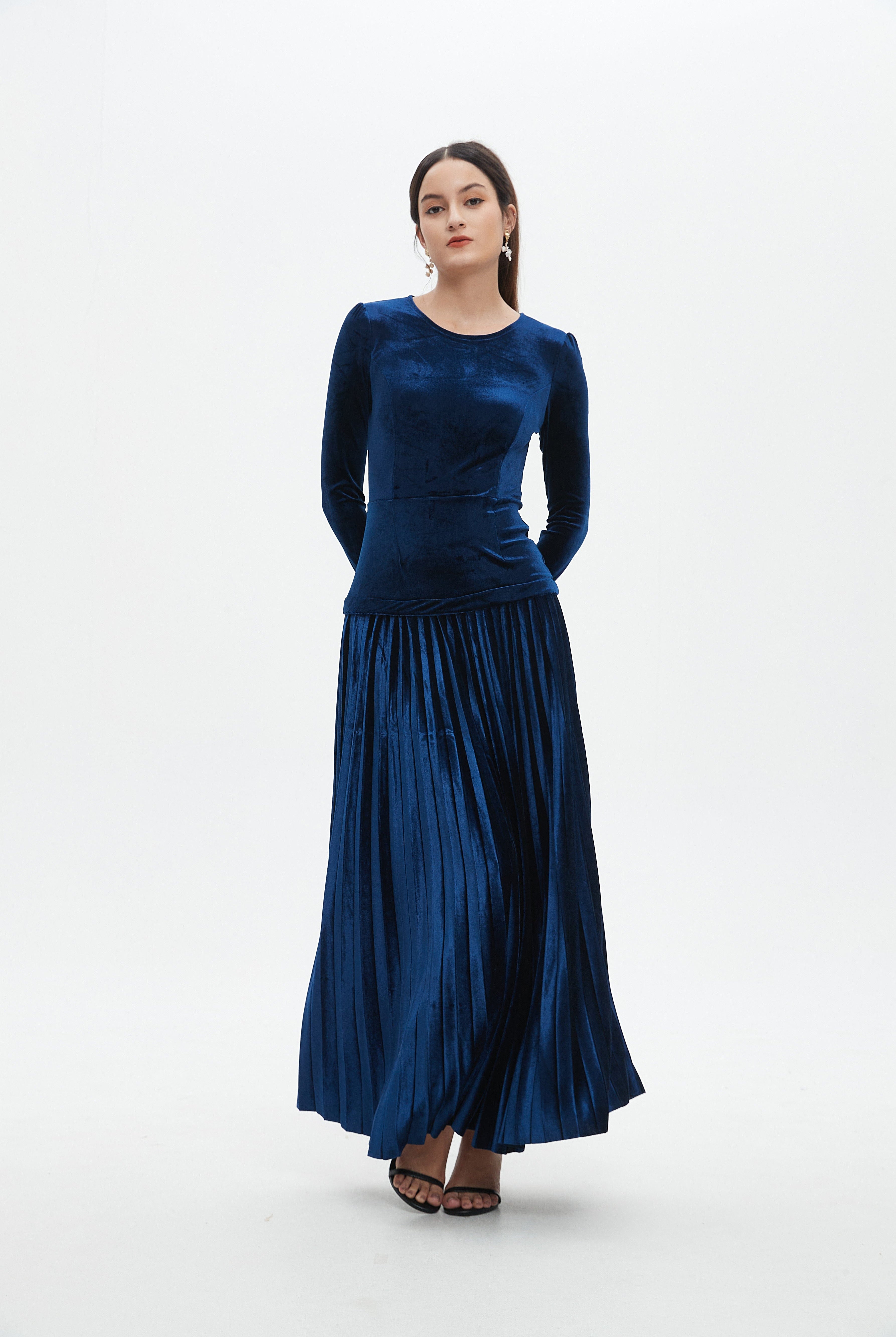 نتشي فستان ماكسي كم طويل سادة مخصر نسائي