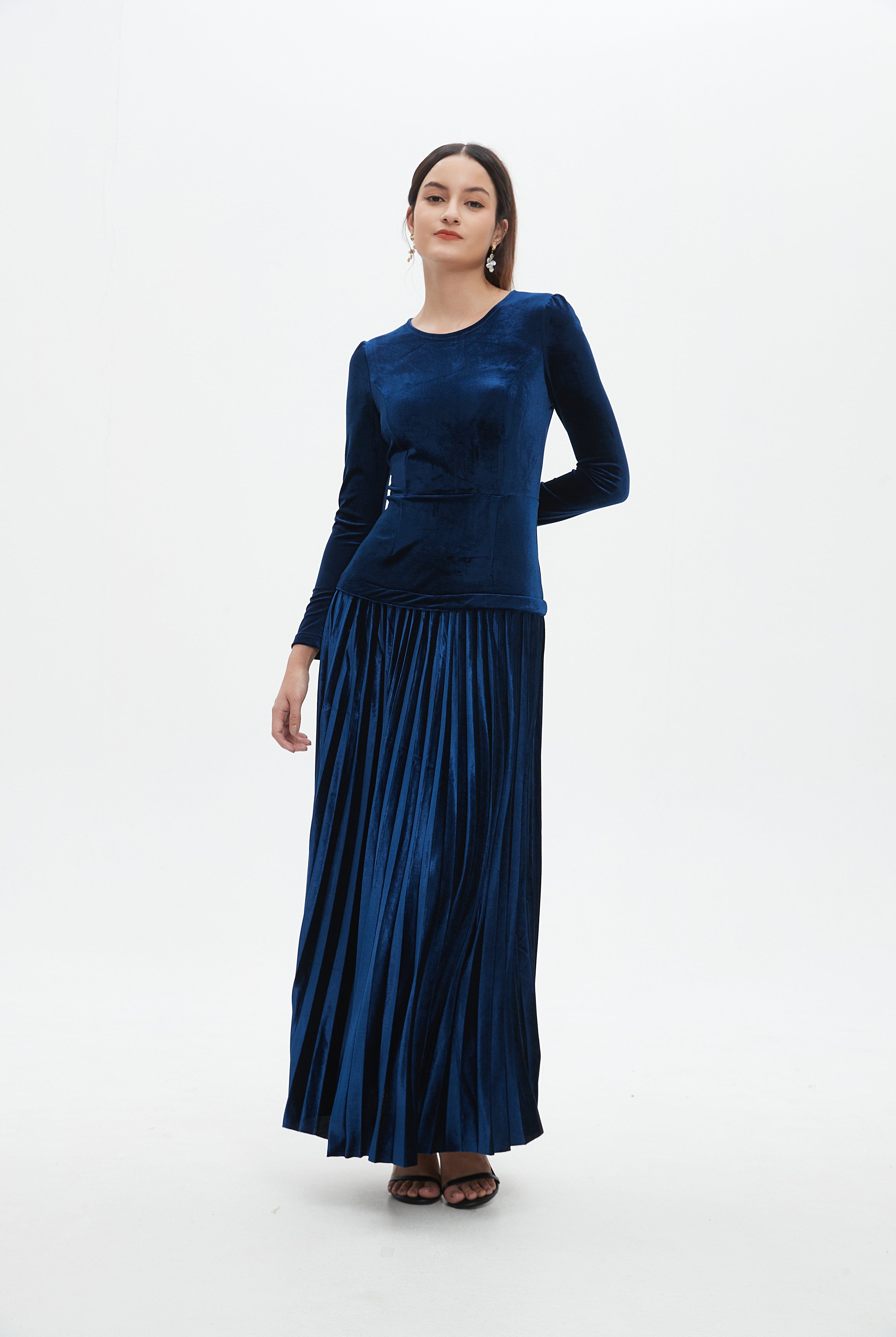 نتشي فستان ماكسي كم طويل سادة مخصر نسائي