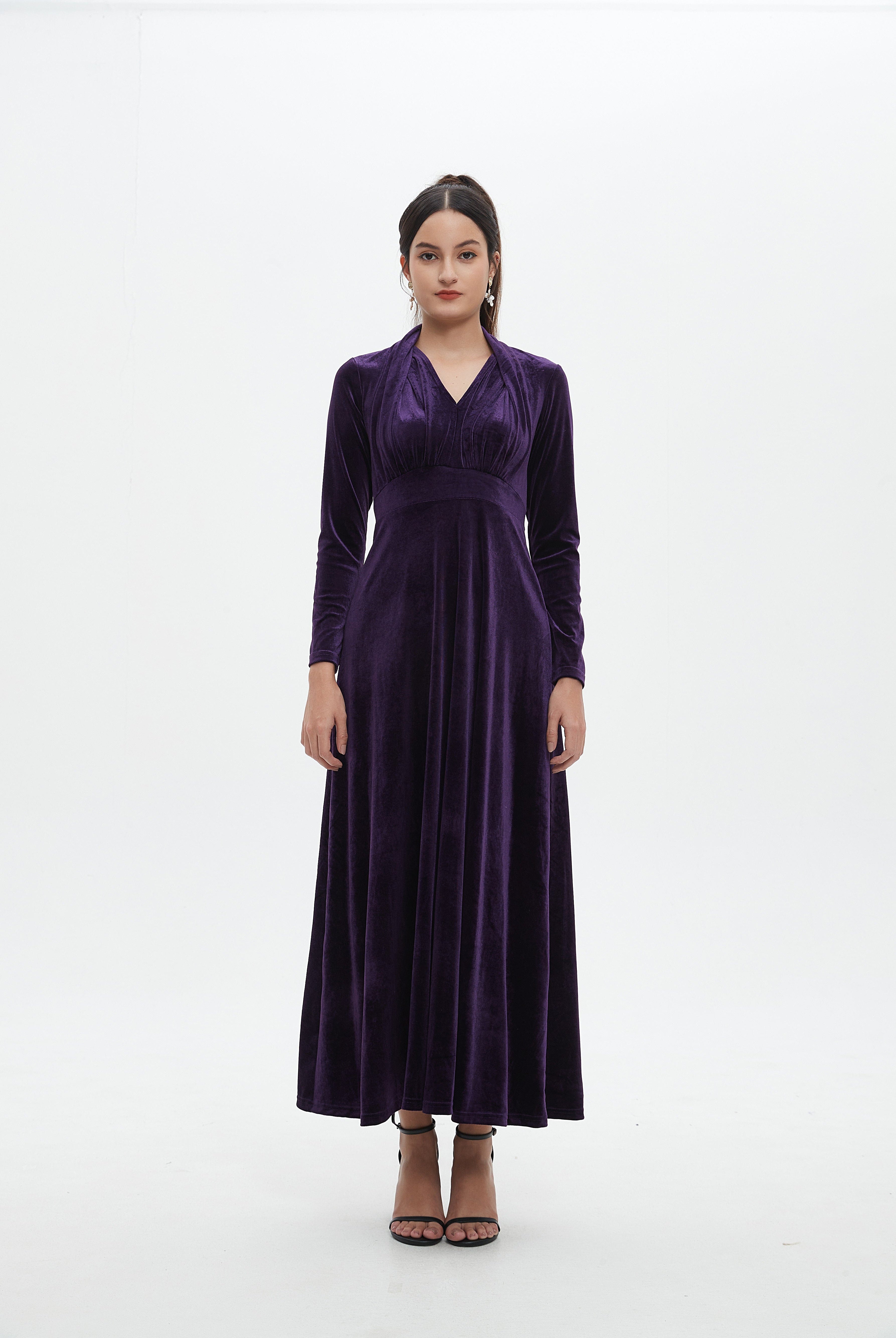 نتشي فستان ماكسي سادة مخصرة كم طويل نسائي