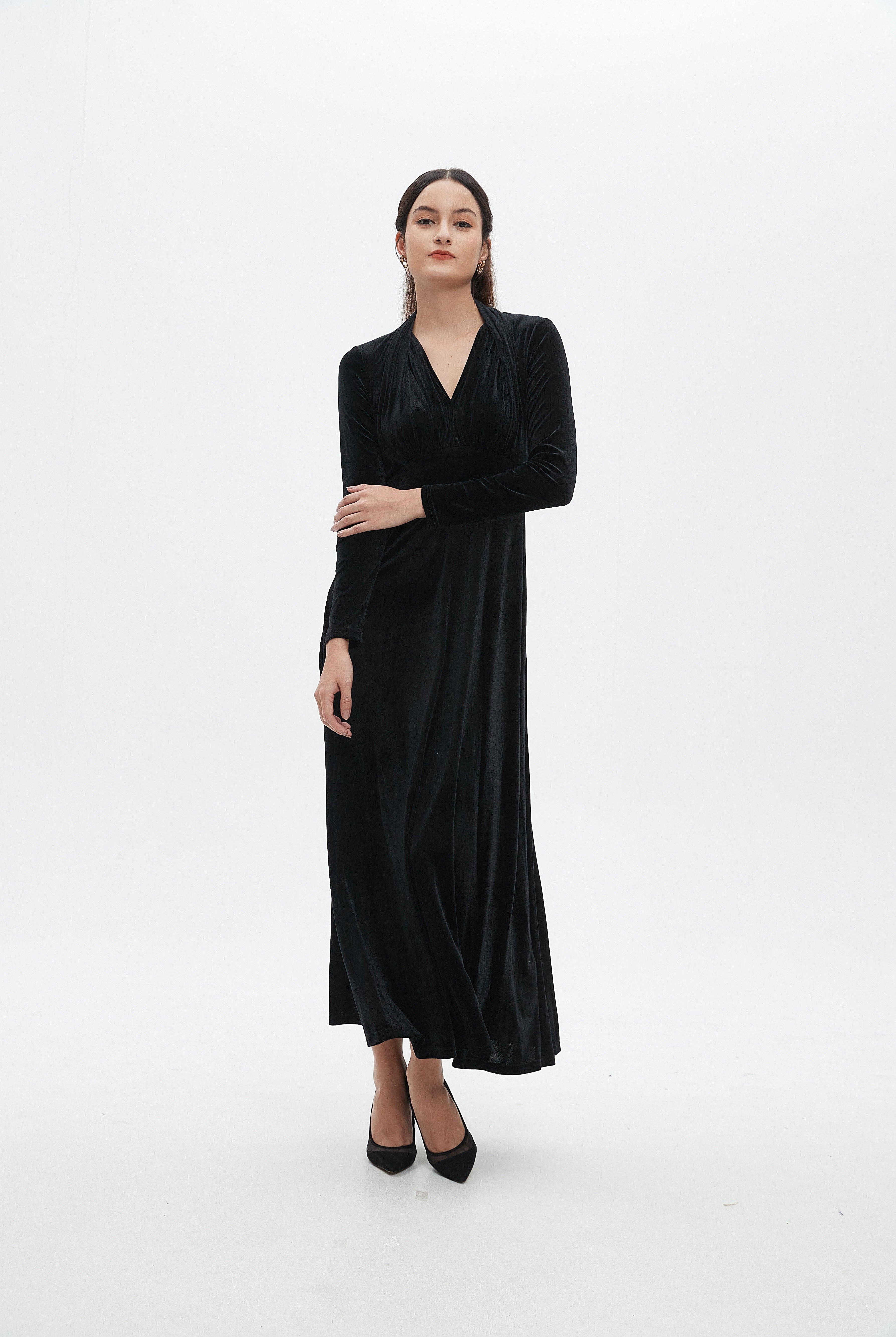 نتشي فستان ماكسي سادة مخصرة كم طويل نسائي