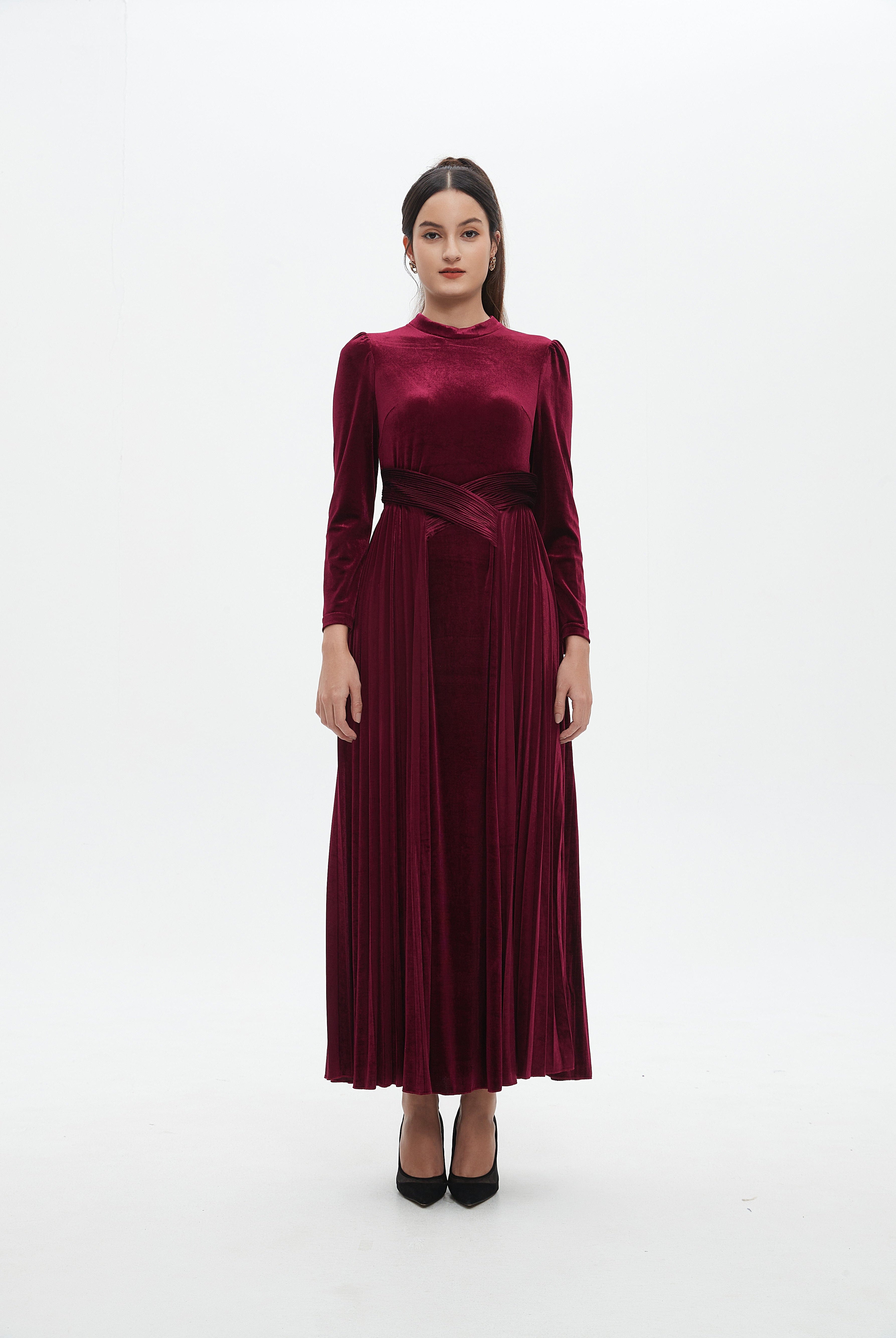 نتشي فستان ماكسي مخصر كم طويل مكشكش من أسفل نسائي