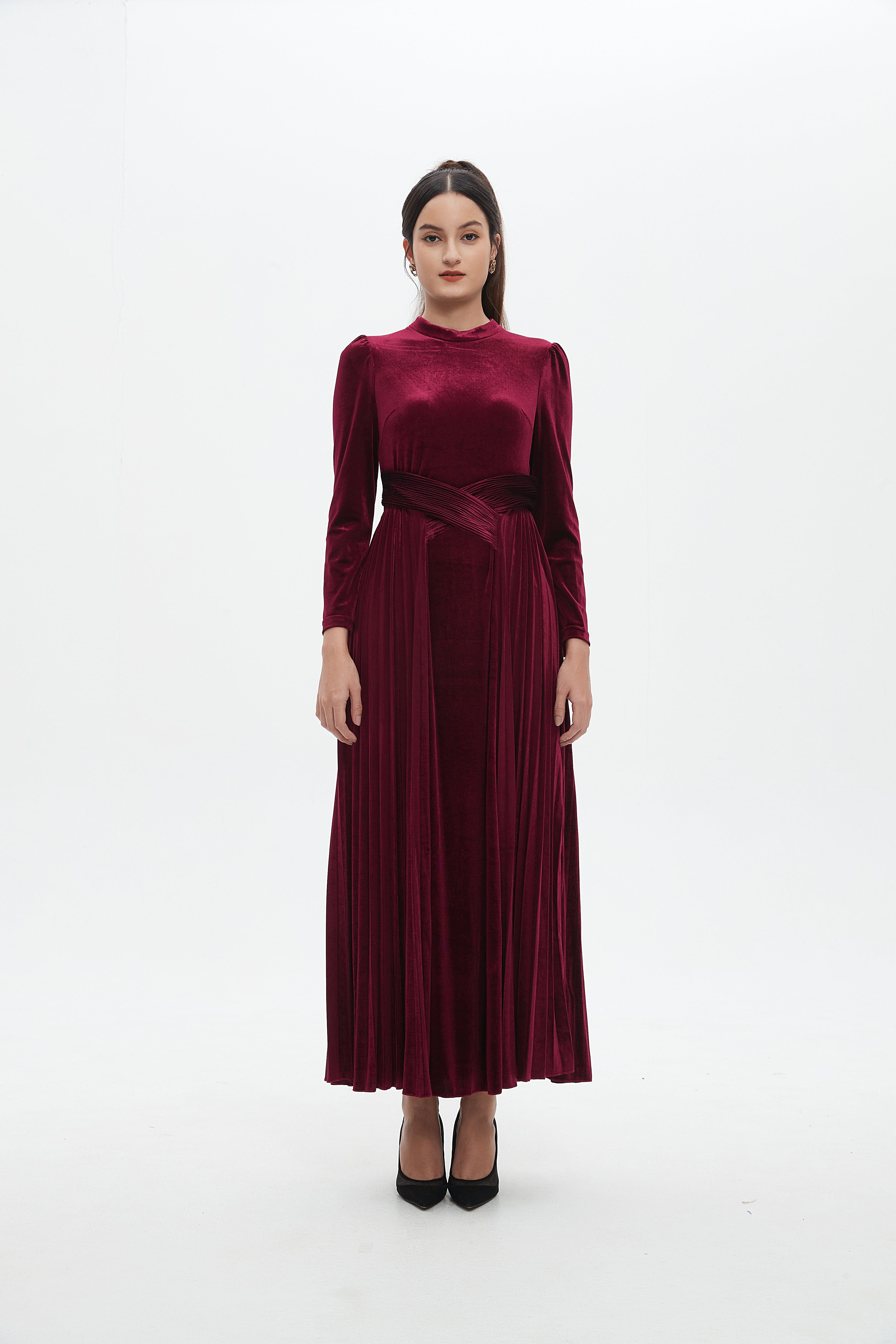 نتشي فستان ماكسي مخصر كم طويل مكشكش من أسفل نسائي