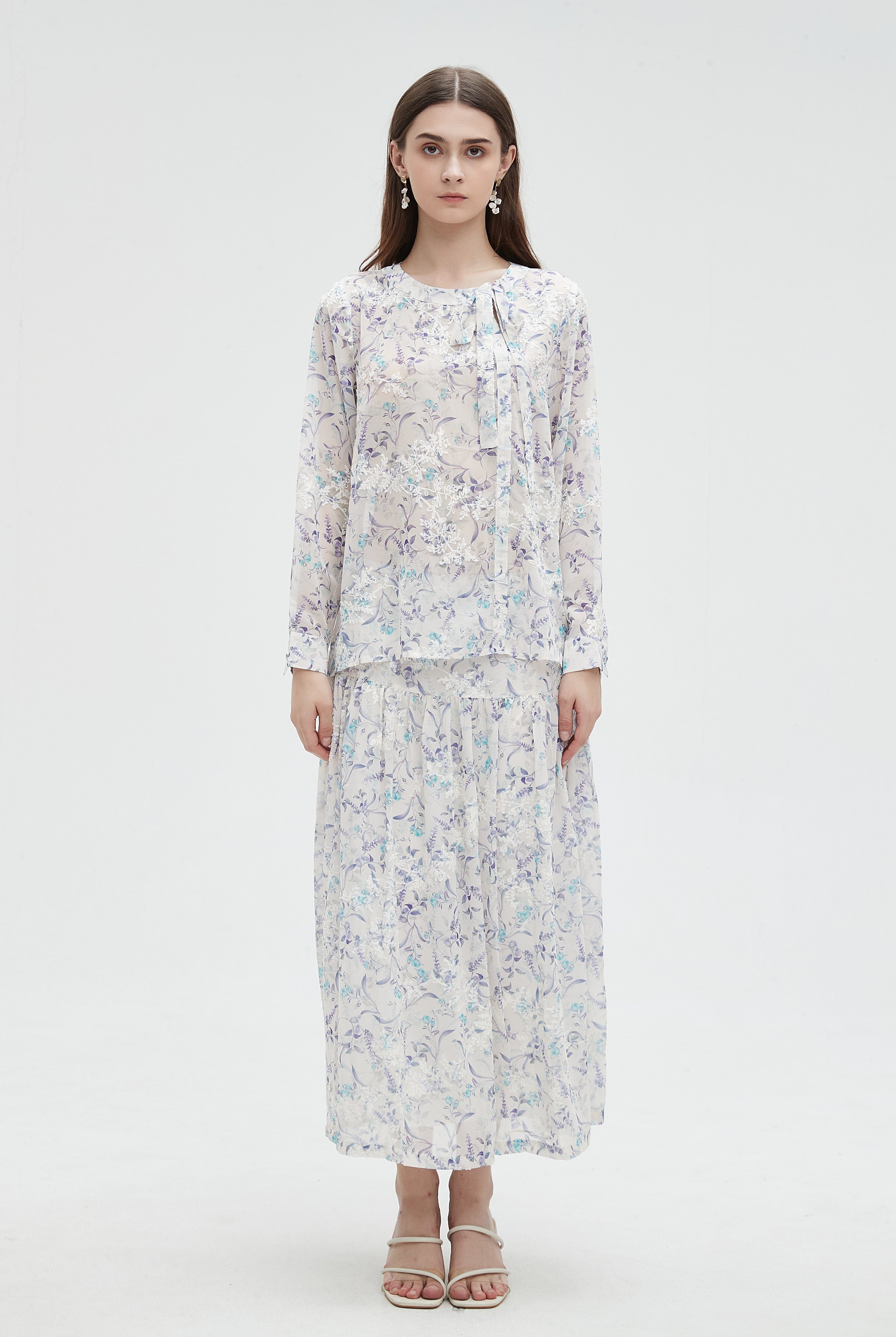 ميكا تنورة ميدي موردة مكشكشة خصر مرتفع نسائي