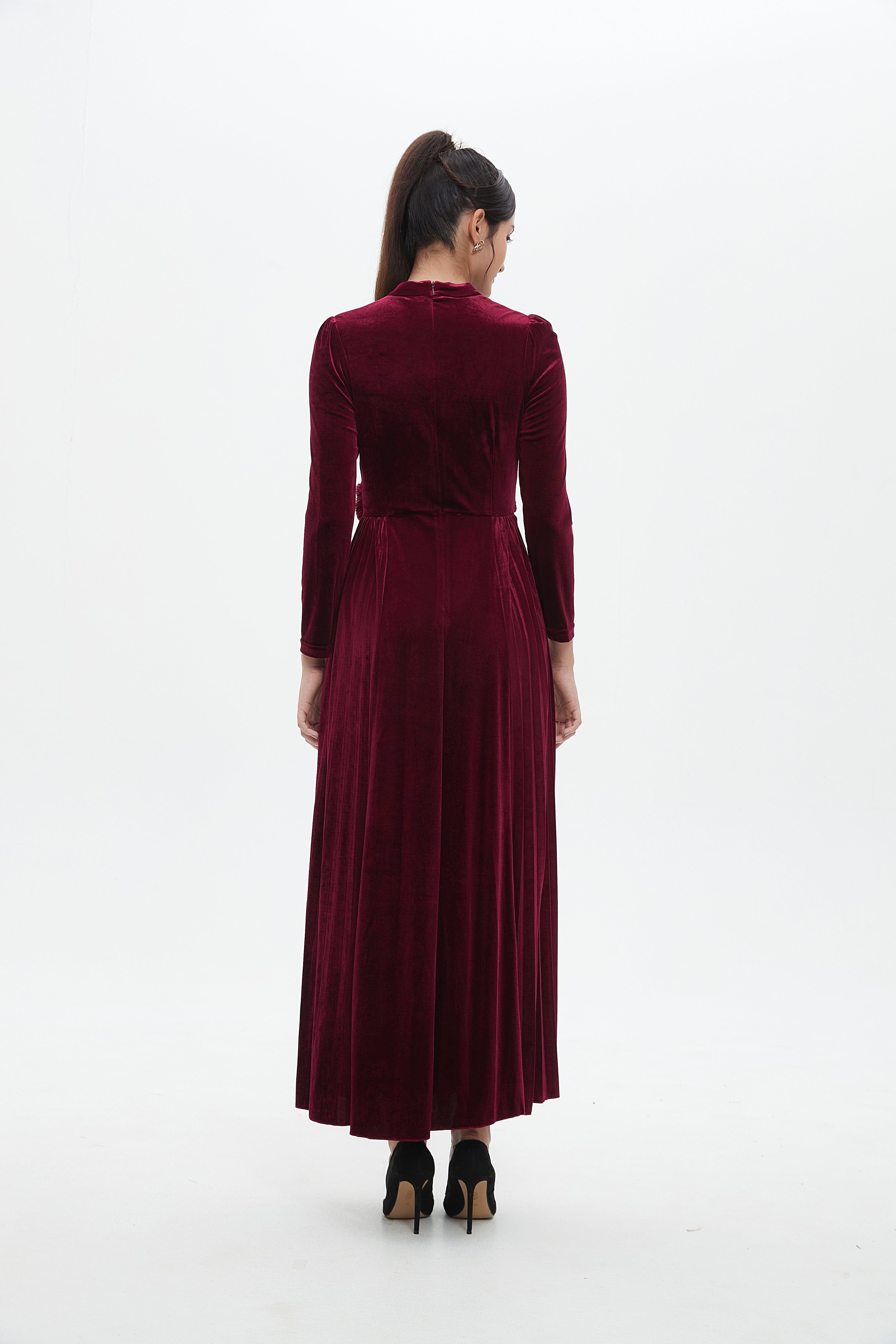 نتشي فستان ماكسي مخصر كم طويل مكشكش من أسفل نسائي