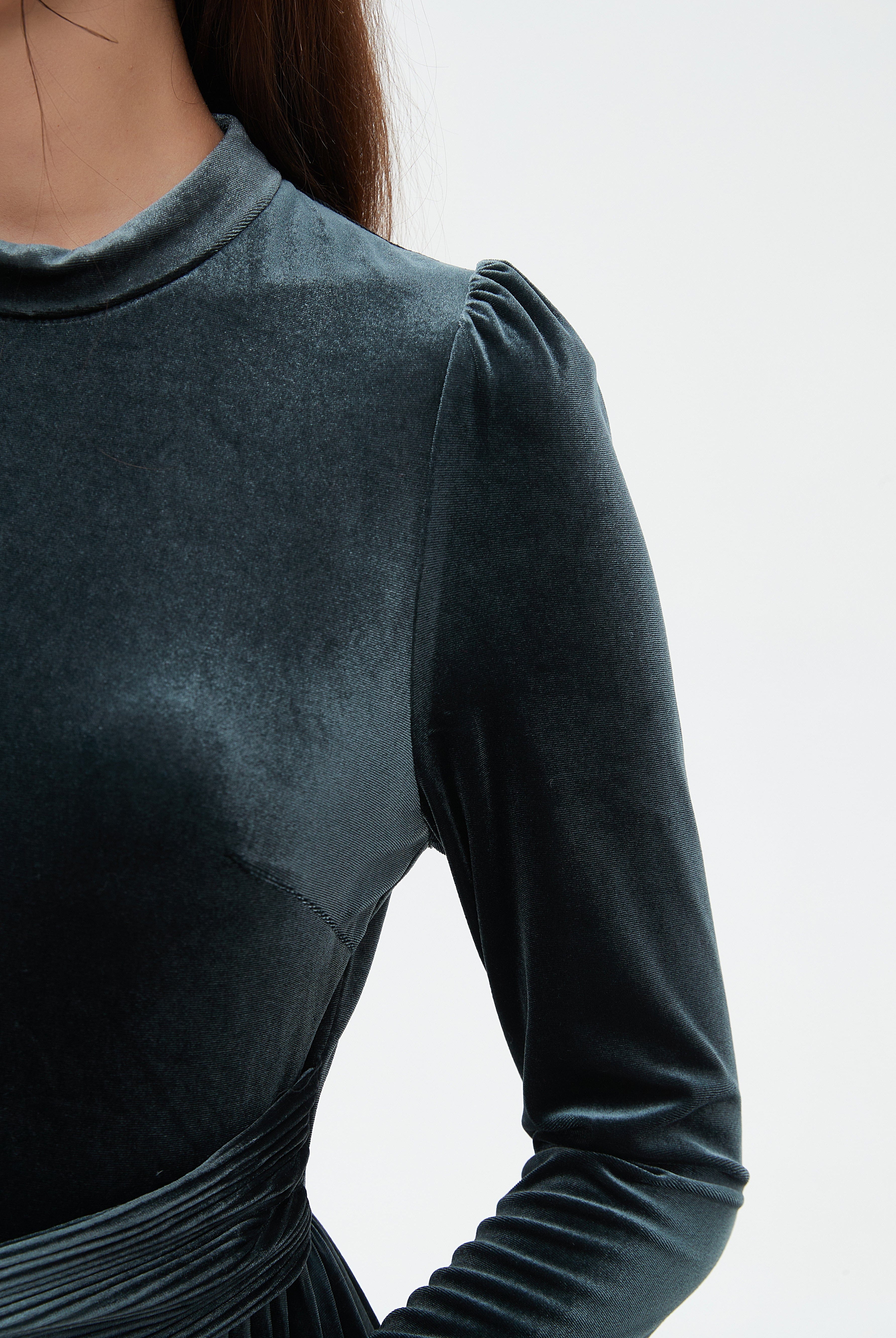 نتشي فستان ماكسي مخصر كم طويل مكشكش من أسفل نسائي