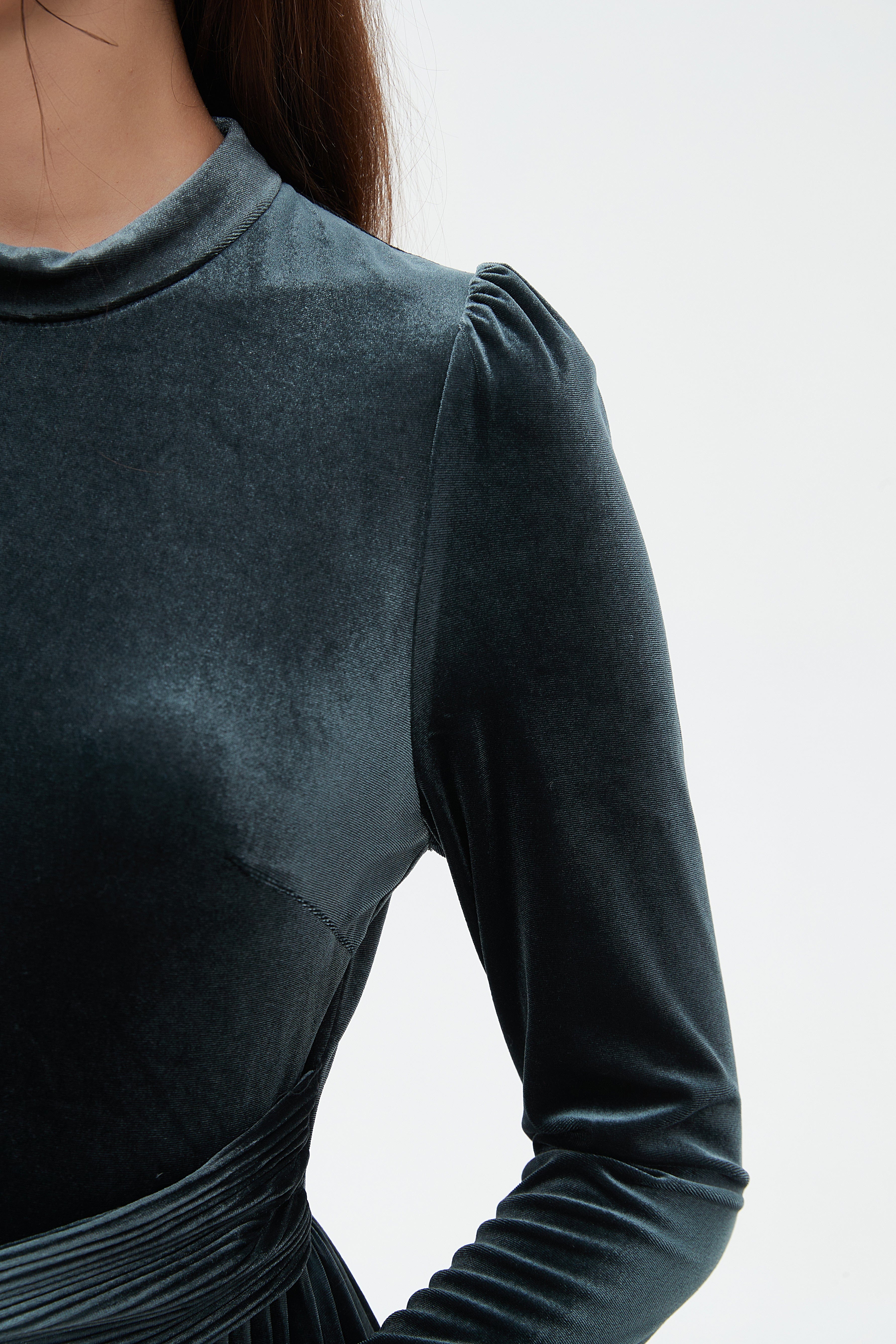 نتشي فستان ماكسي مخصر كم طويل مكشكش من أسفل نسائي