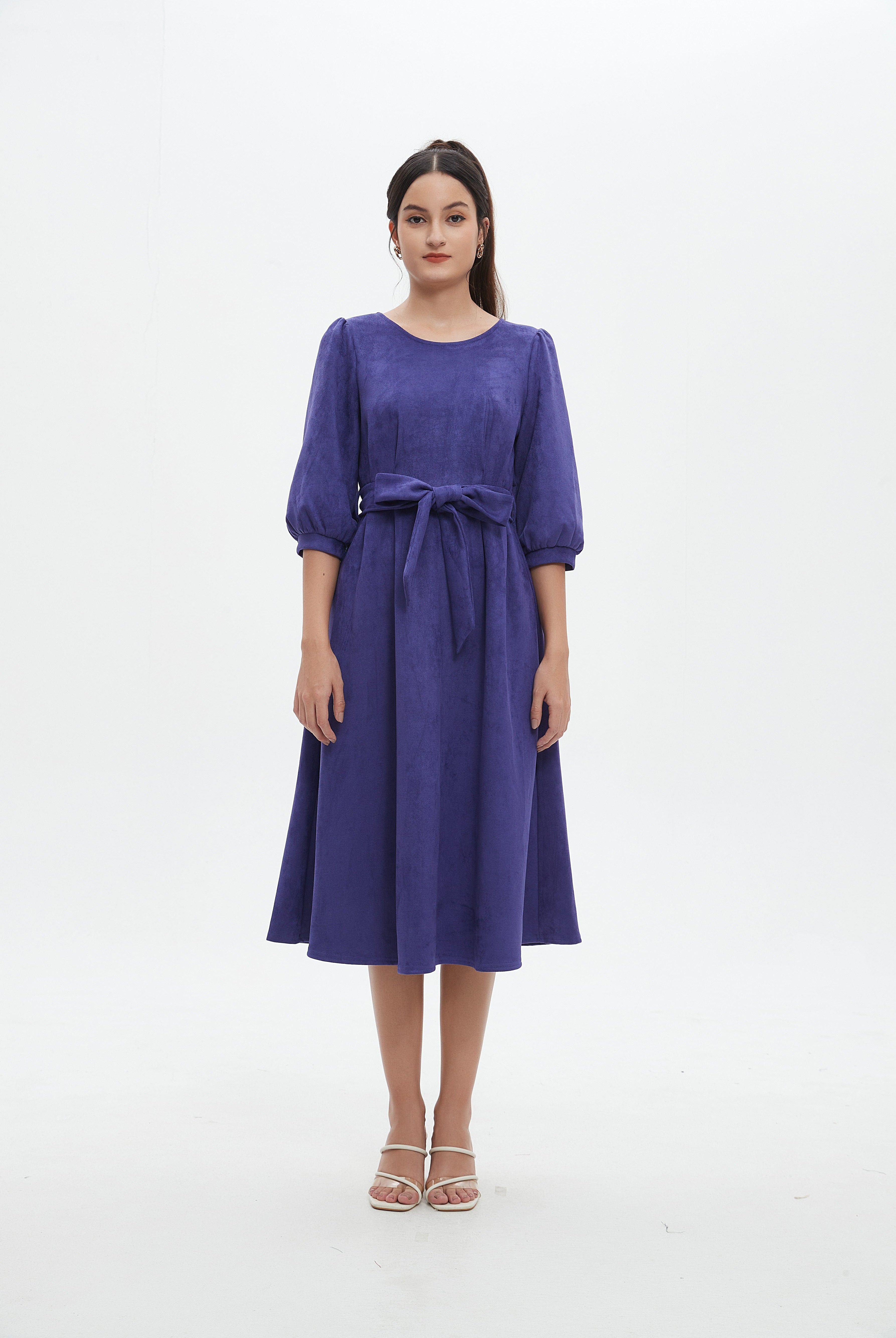 نتشي فستان نسائي ميدي 3/4 كم برباط على الخصر سادة