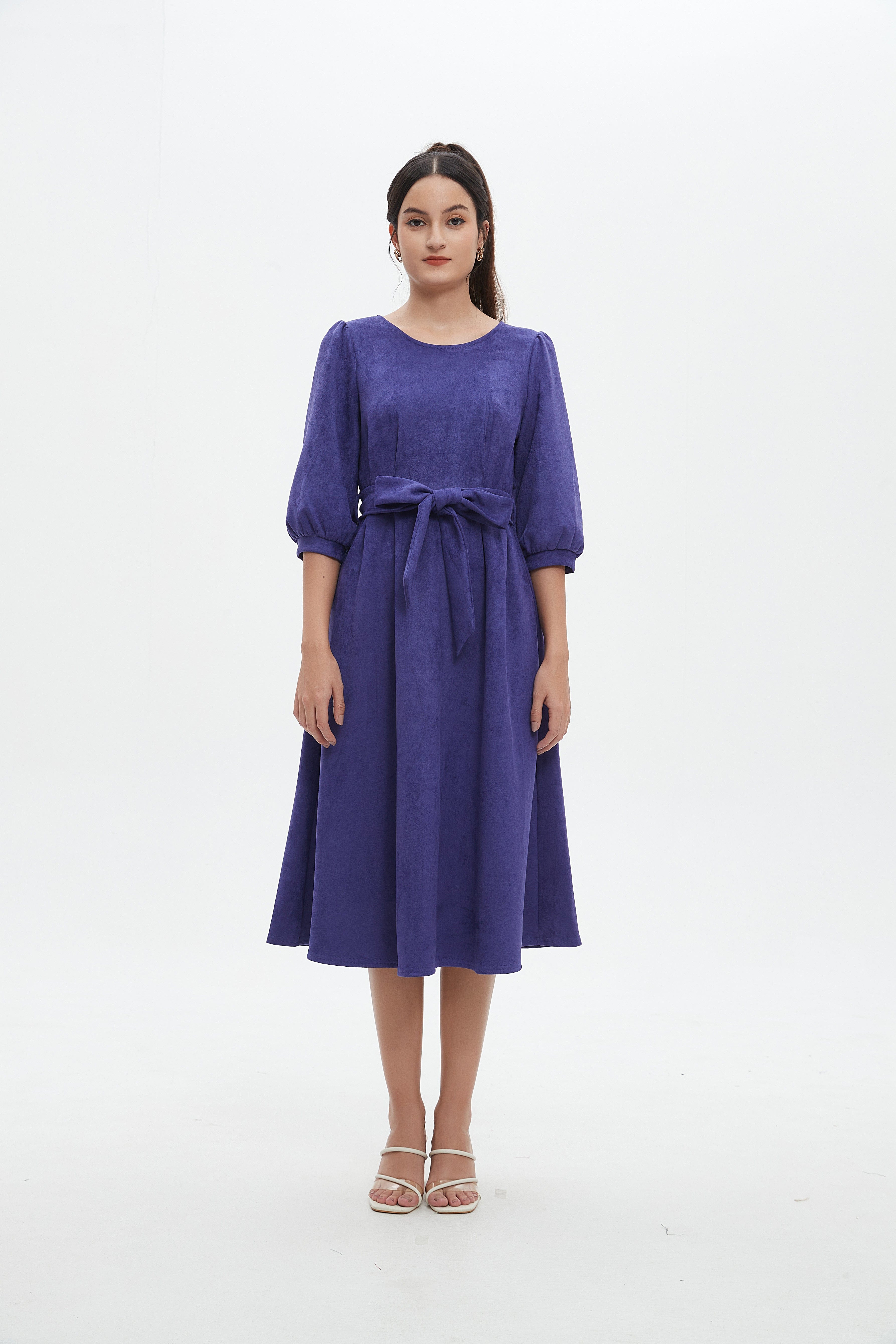 نتشي فستان نسائي ميدي 3/4 كم برباط على الخصر سادة