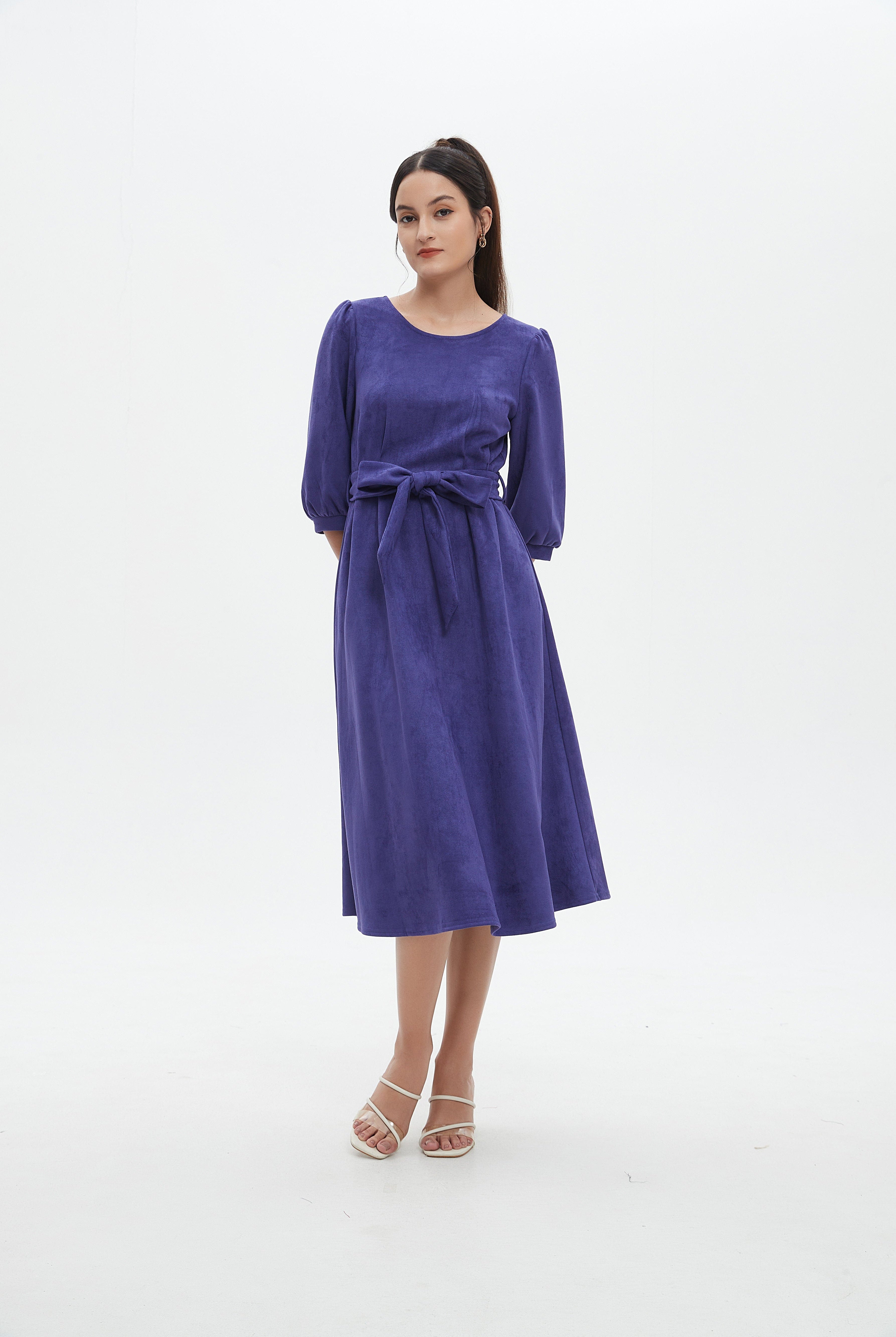 نتشي فستان نسائي ميدي 3/4 كم برباط على الخصر سادة