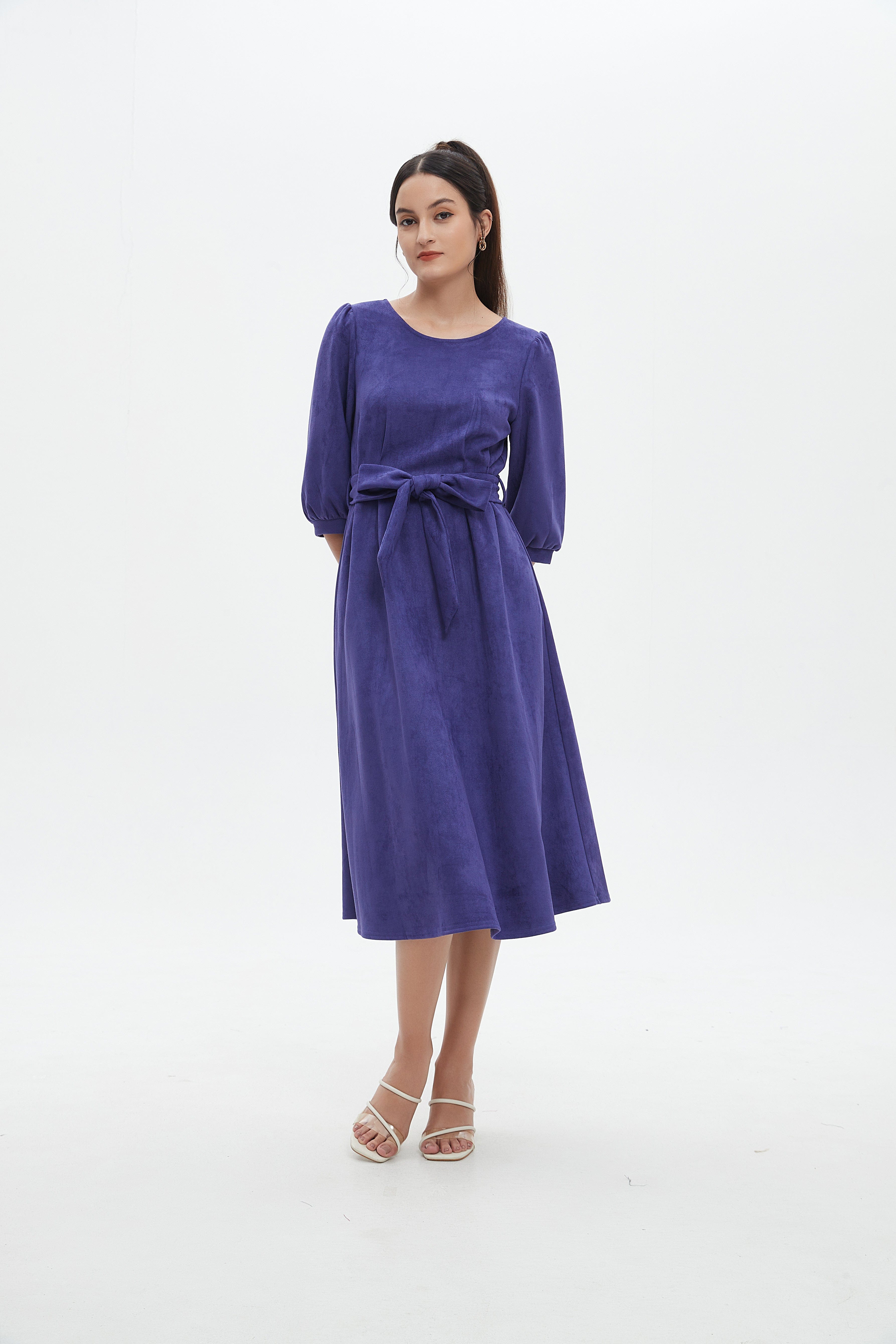 نتشي فستان نسائي ميدي 3/4 كم برباط على الخصر سادة