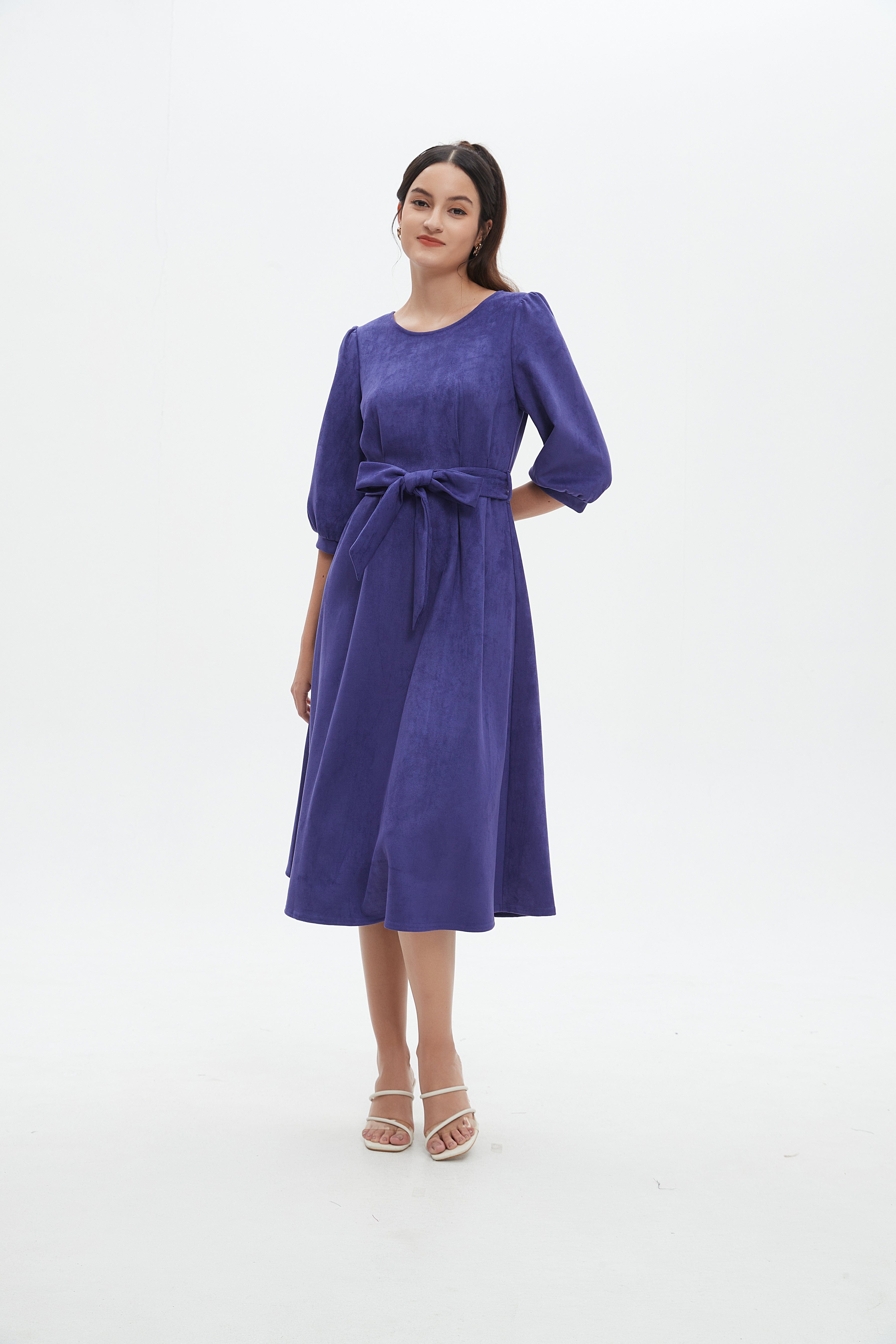 نتشي فستان نسائي ميدي 3/4 كم برباط على الخصر سادة