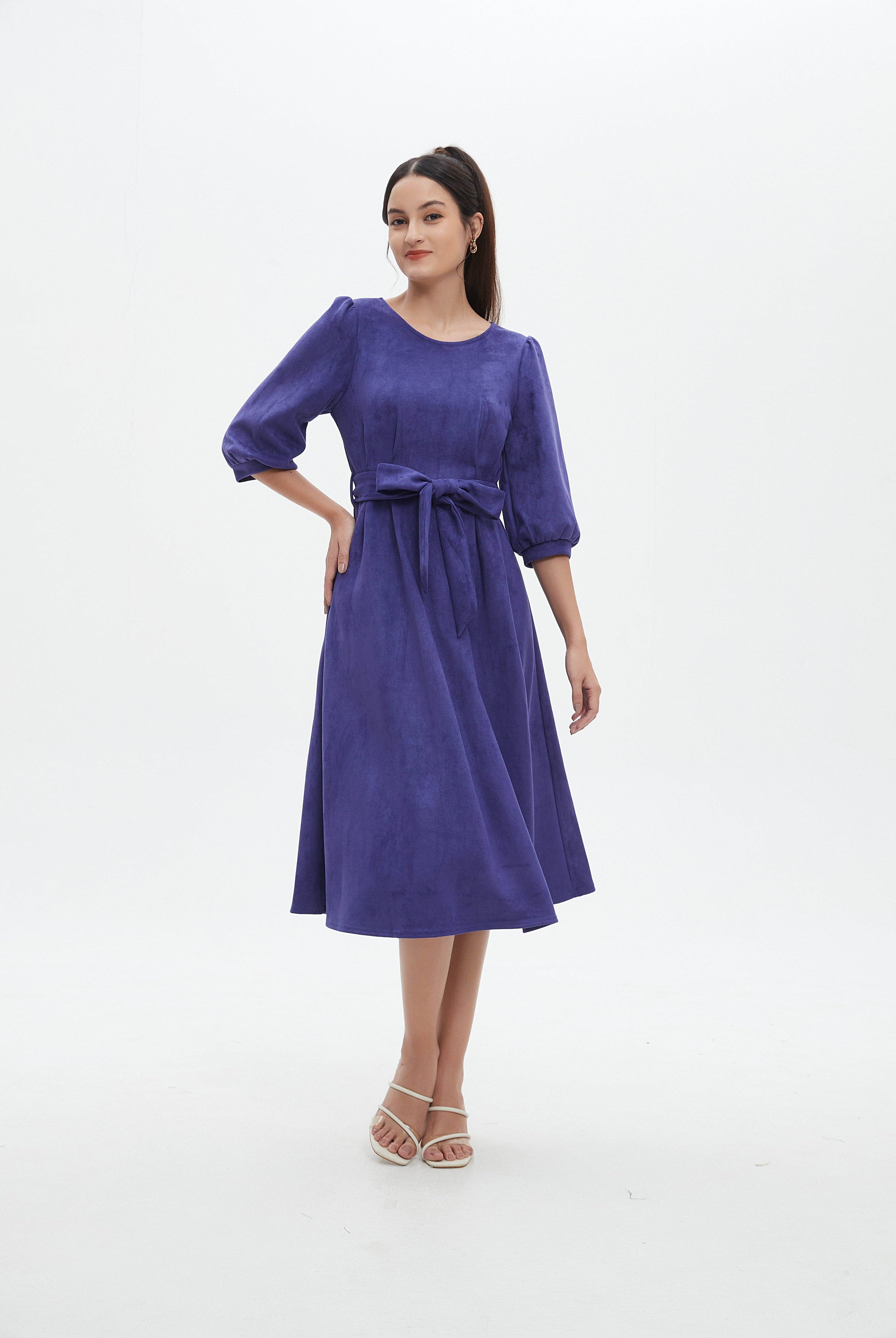 نتشي فستان نسائي ميدي 3/4 كم برباط على الخصر سادة