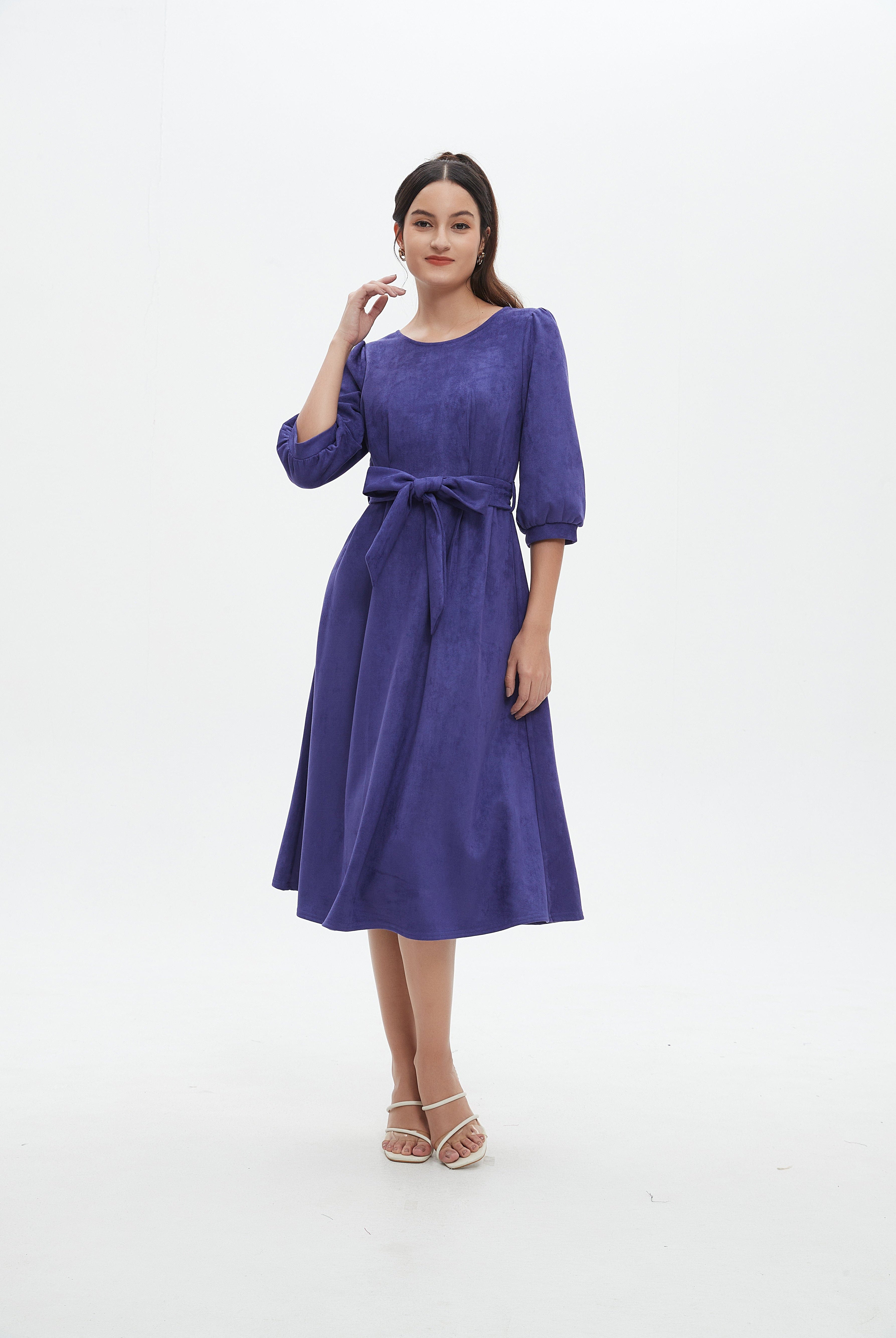 نتشي فستان نسائي ميدي 3/4 كم برباط على الخصر سادة