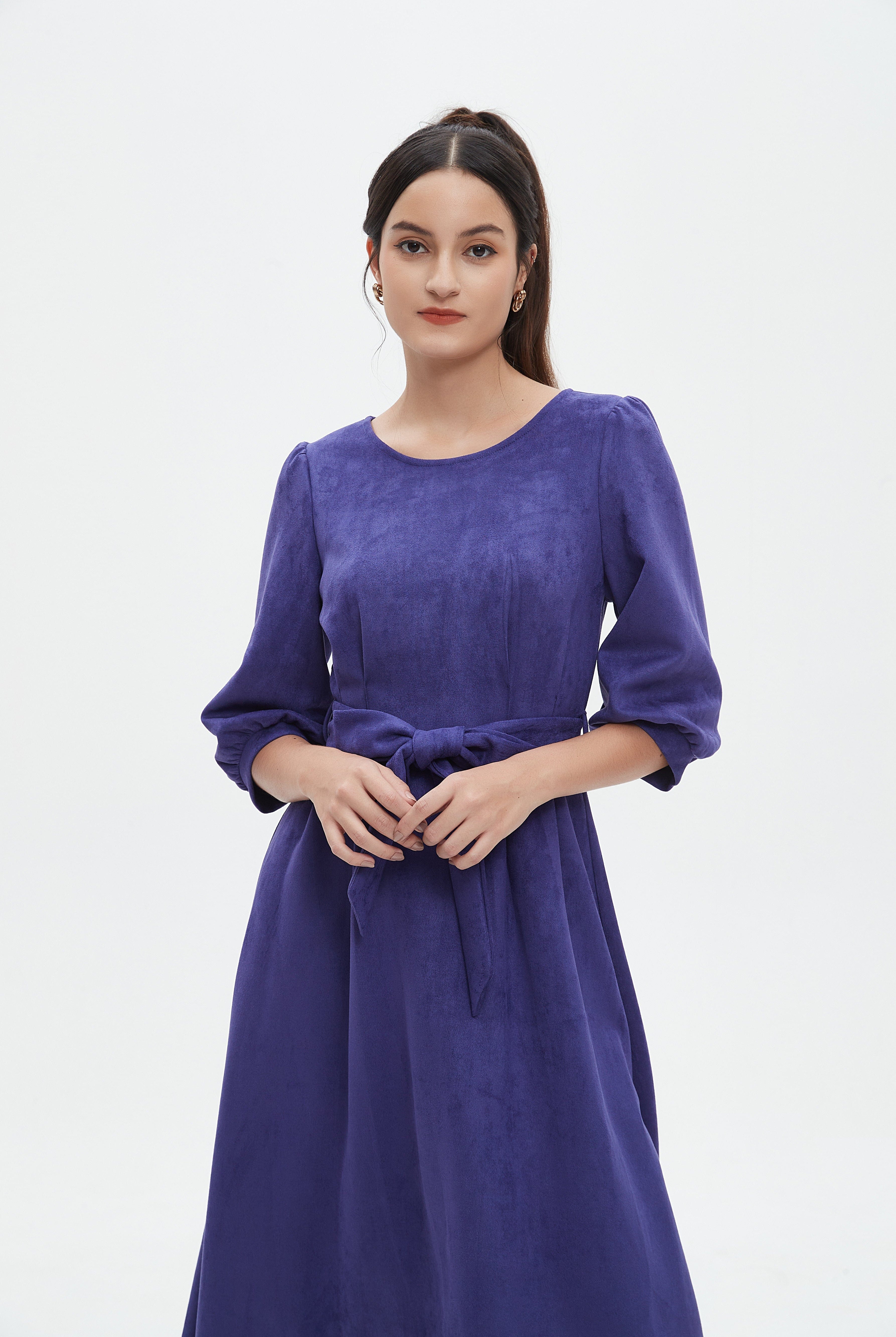 نتشي فستان نسائي ميدي 3/4 كم برباط على الخصر سادة