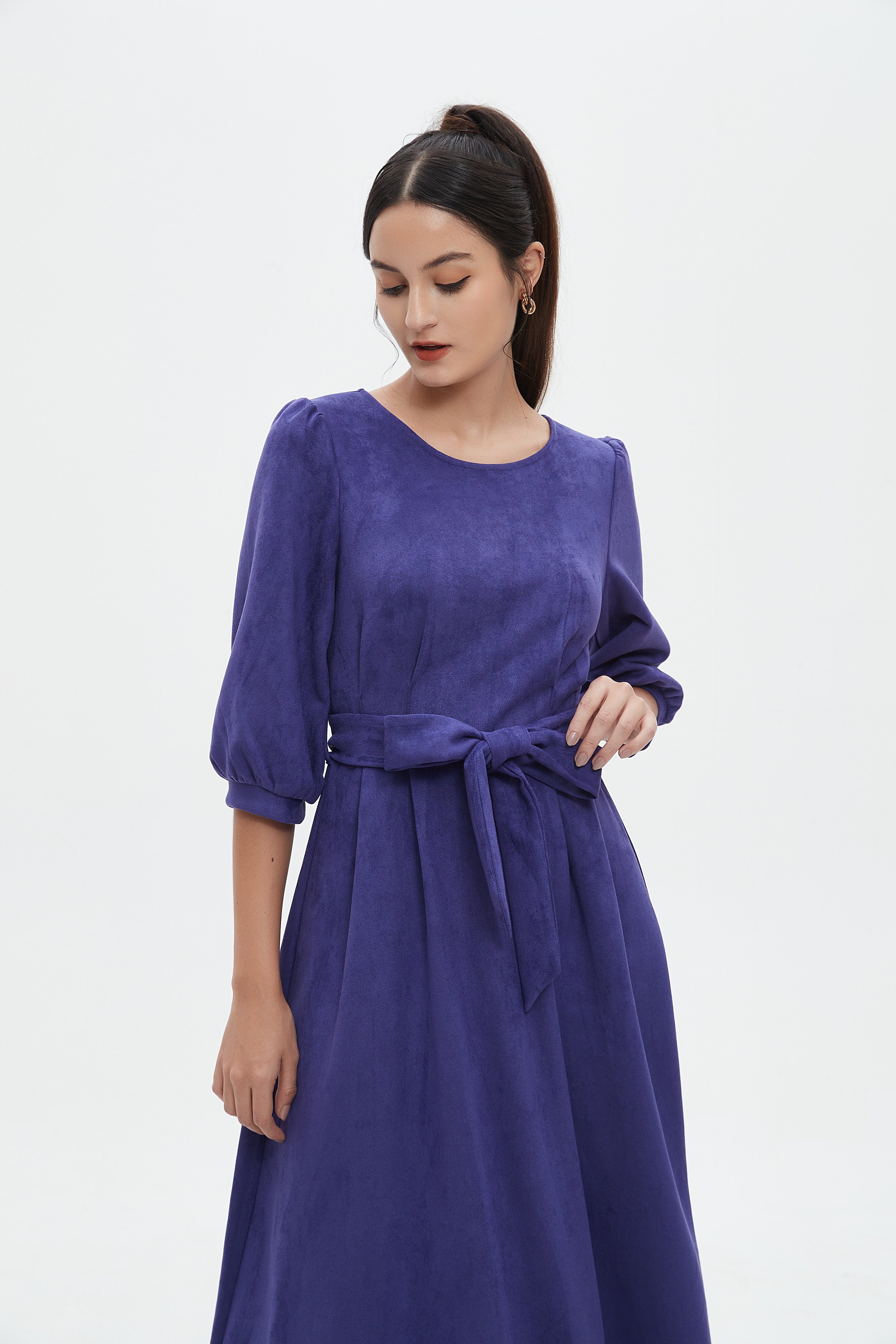 نتشي فستان نسائي ميدي 3/4 كم برباط على الخصر سادة