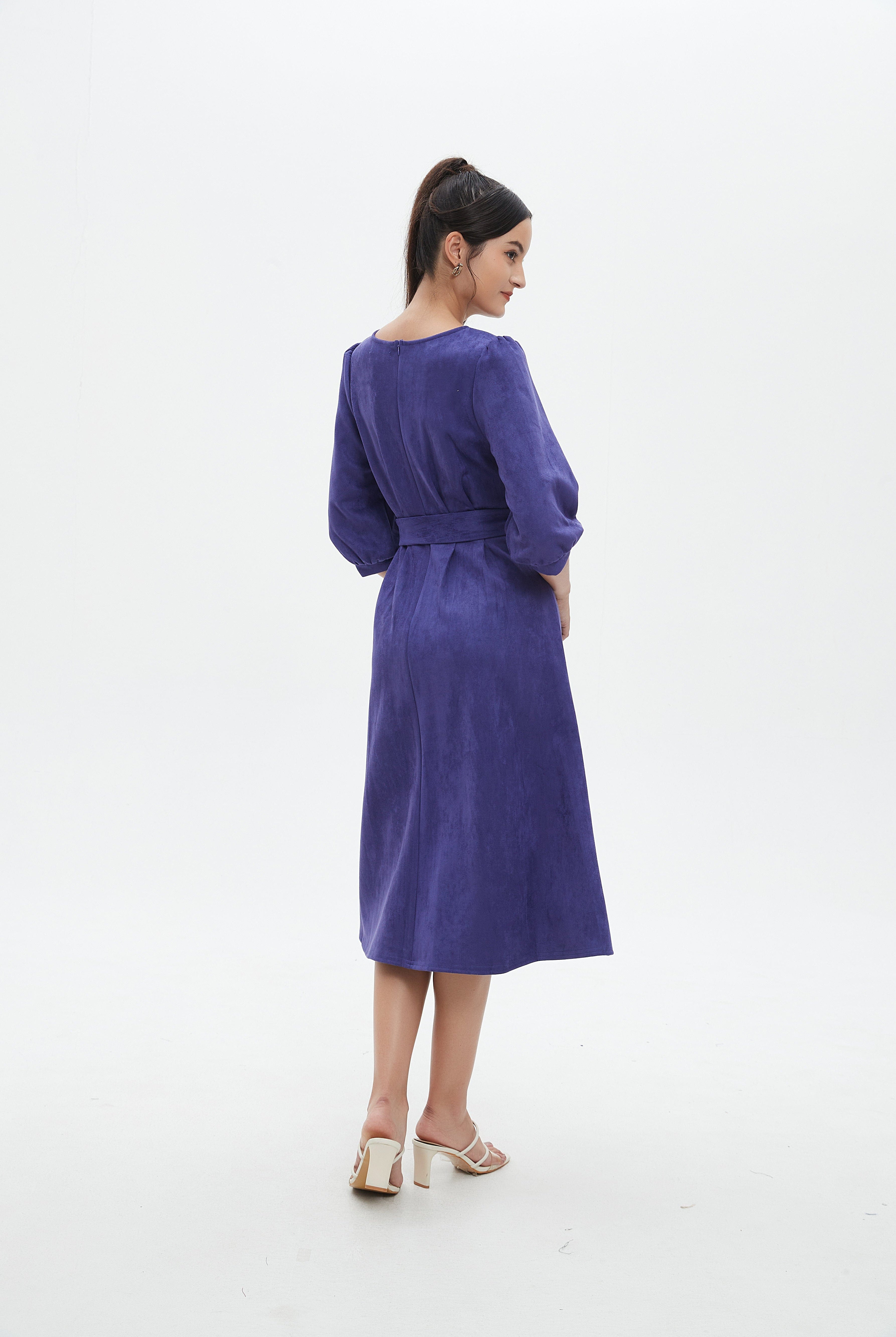 نتشي فستان نسائي ميدي 3/4 كم برباط على الخصر سادة