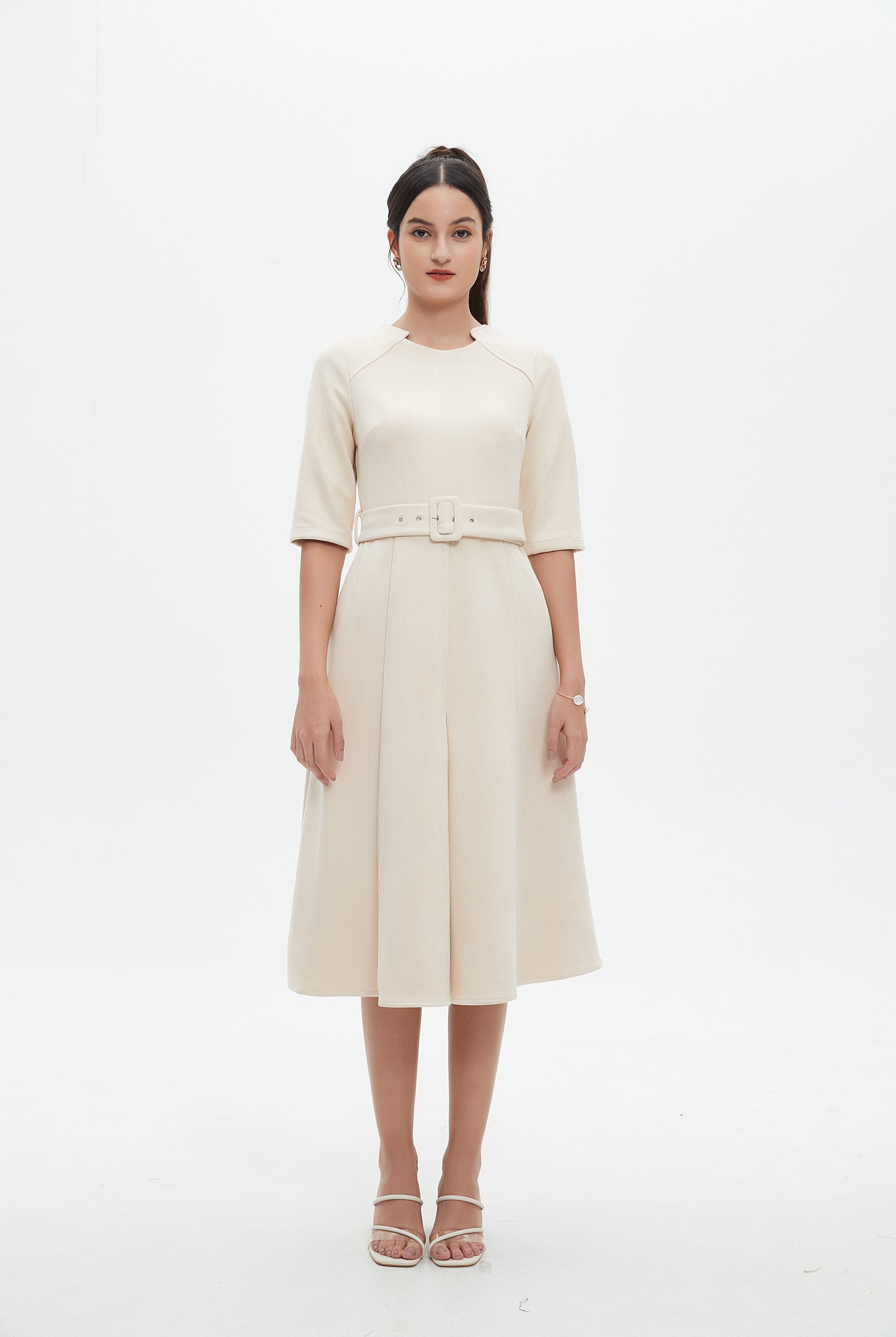 نتشي فستان ميدي بأكمام 3/4 سادة بحزام خصر