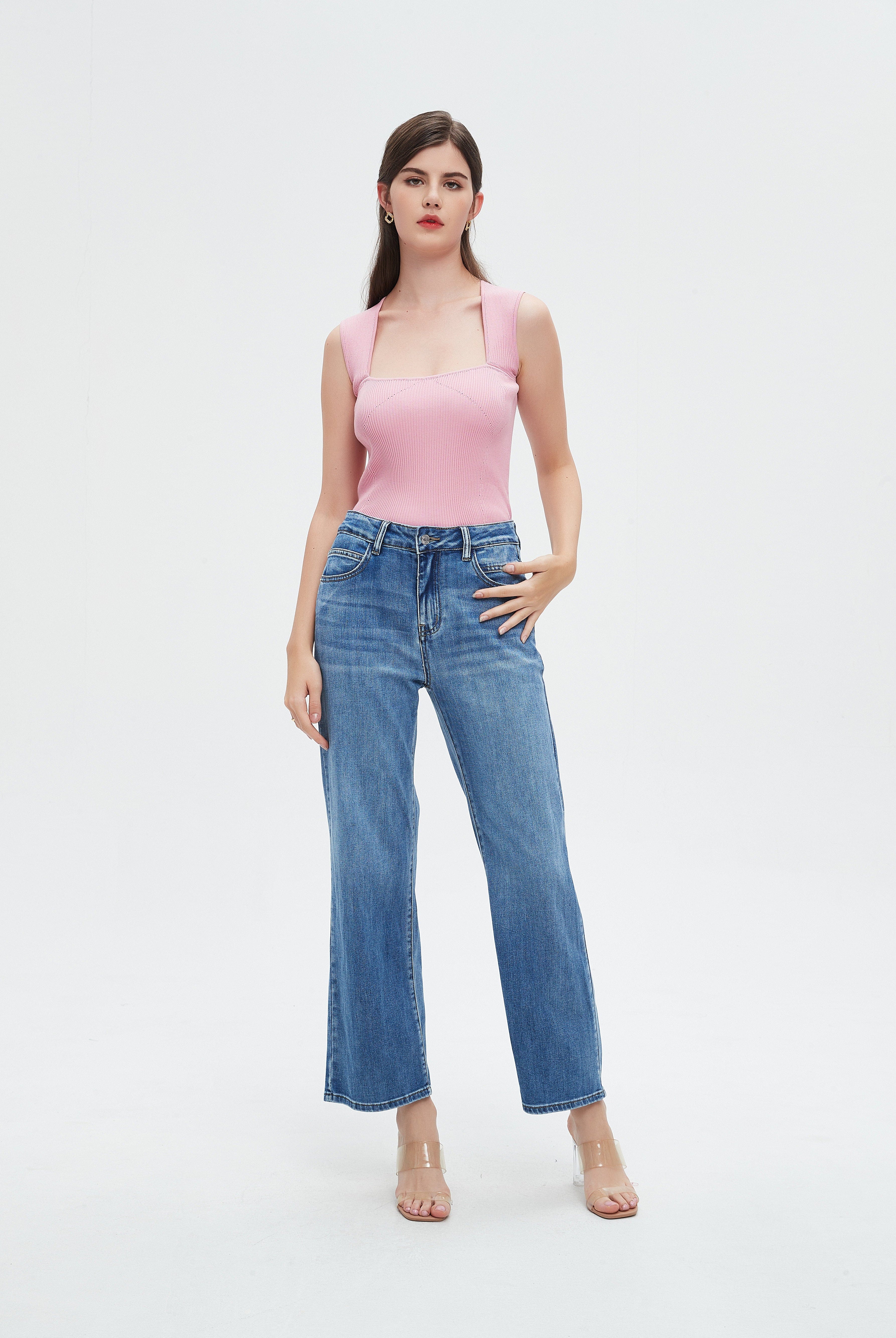 نتشي بنطلون جينز نسائي بجيوب أمامية ورجل واسعة