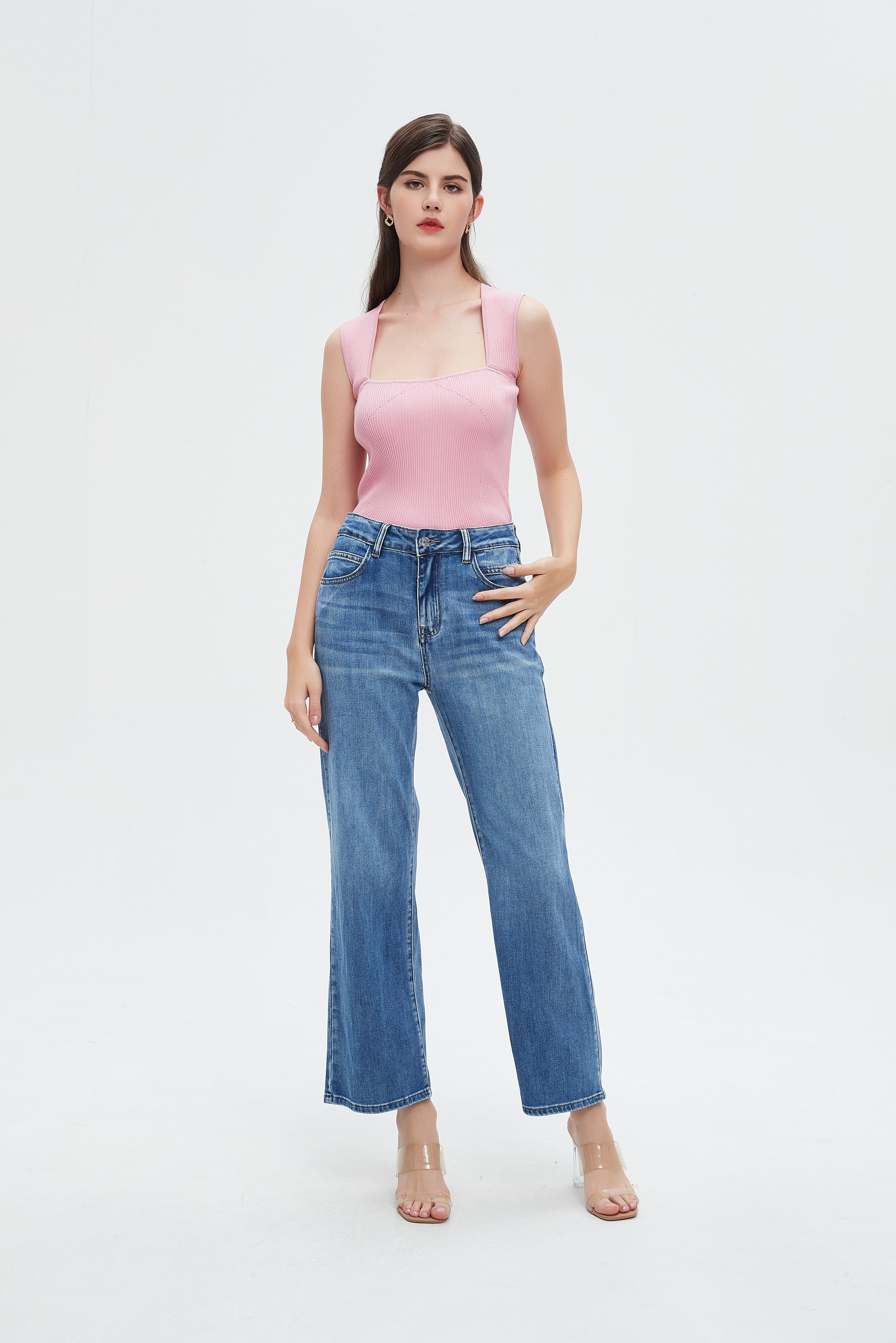 نتشي بنطلون جينز نسائي بجيوب أمامية ورجل واسعة