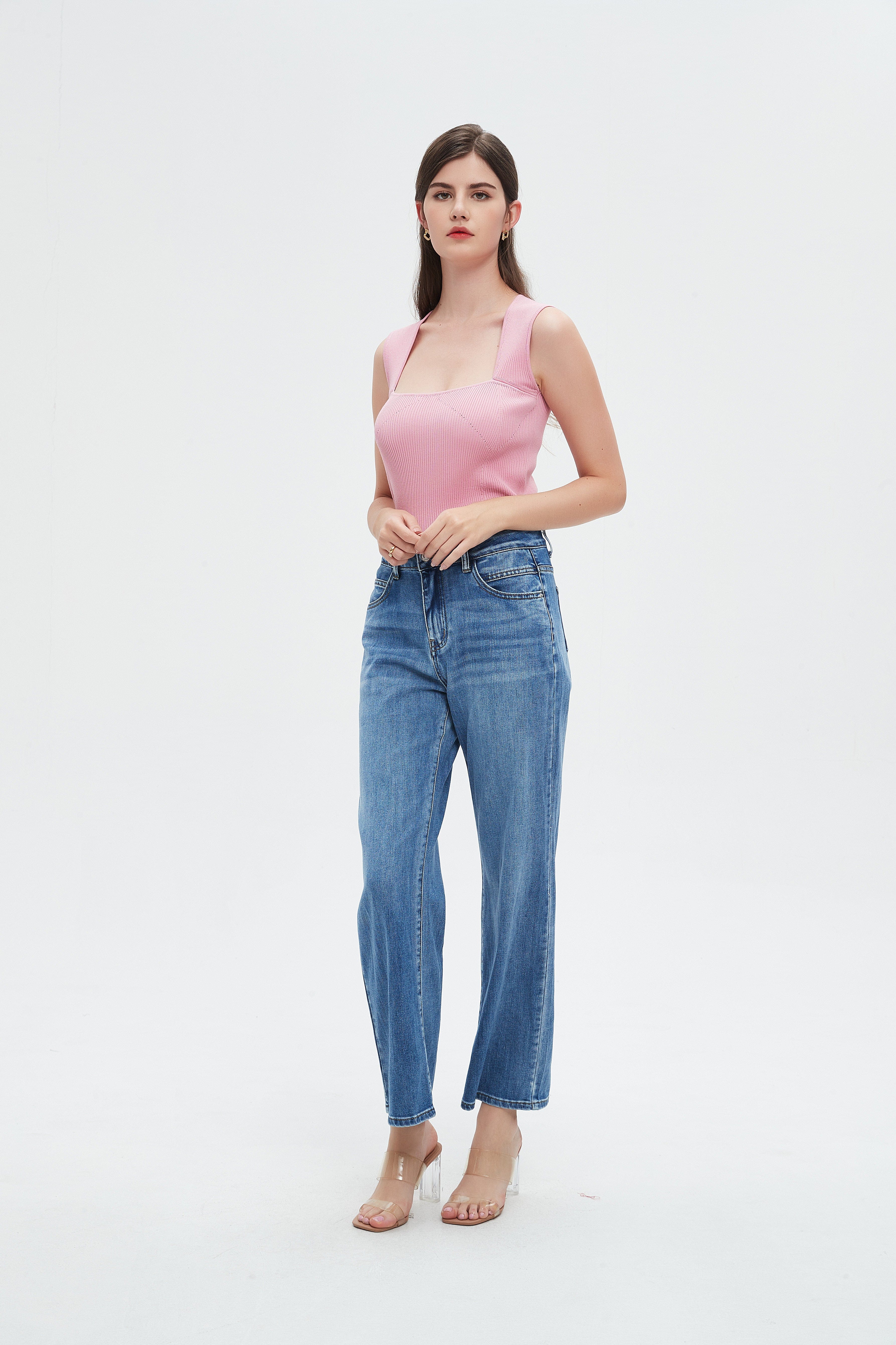 نتشي بنطلون جينز نسائي بجيوب أمامية ورجل واسعة