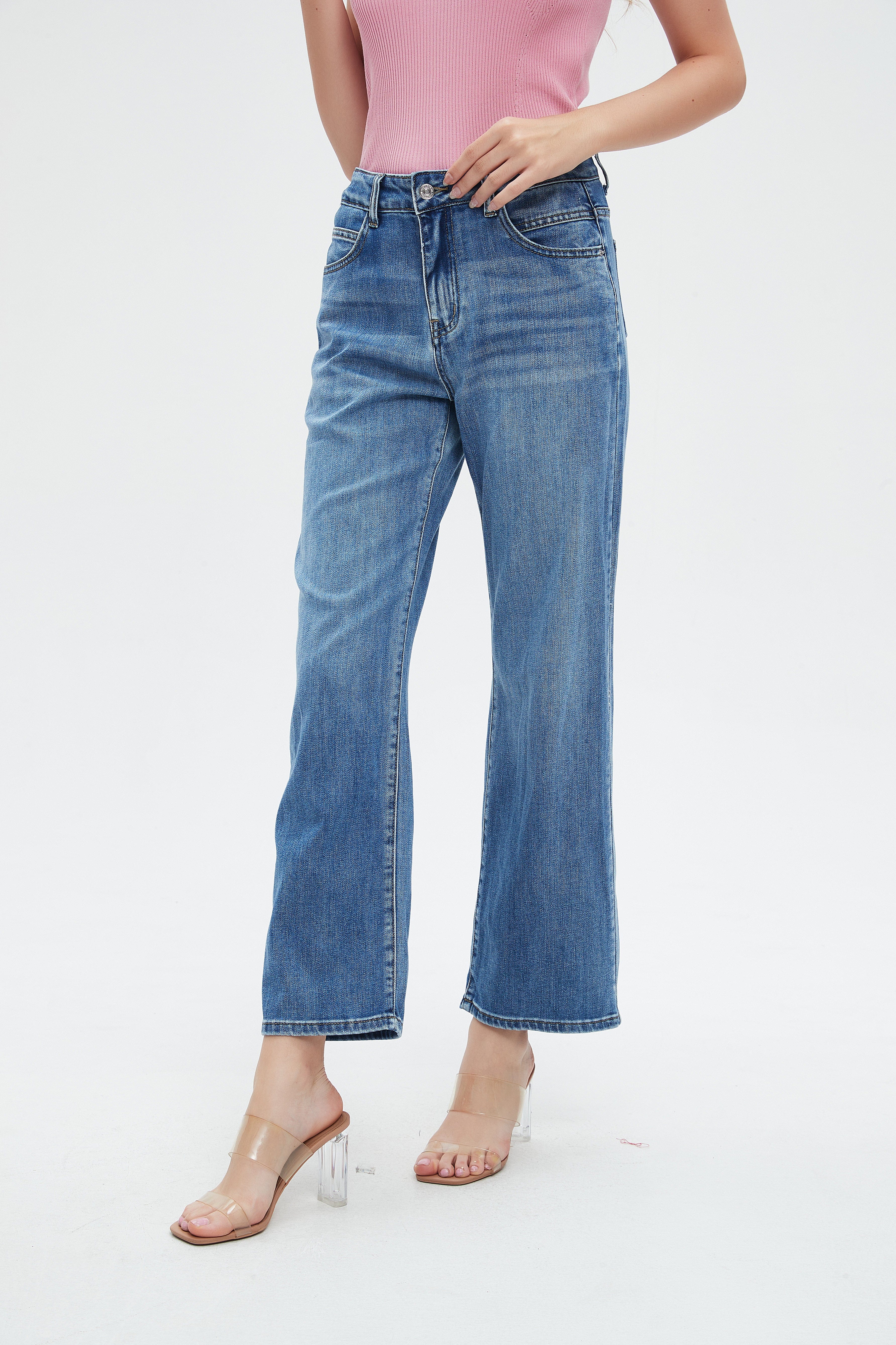 نتشي بنطلون جينز نسائي بجيوب أمامية ورجل واسعة