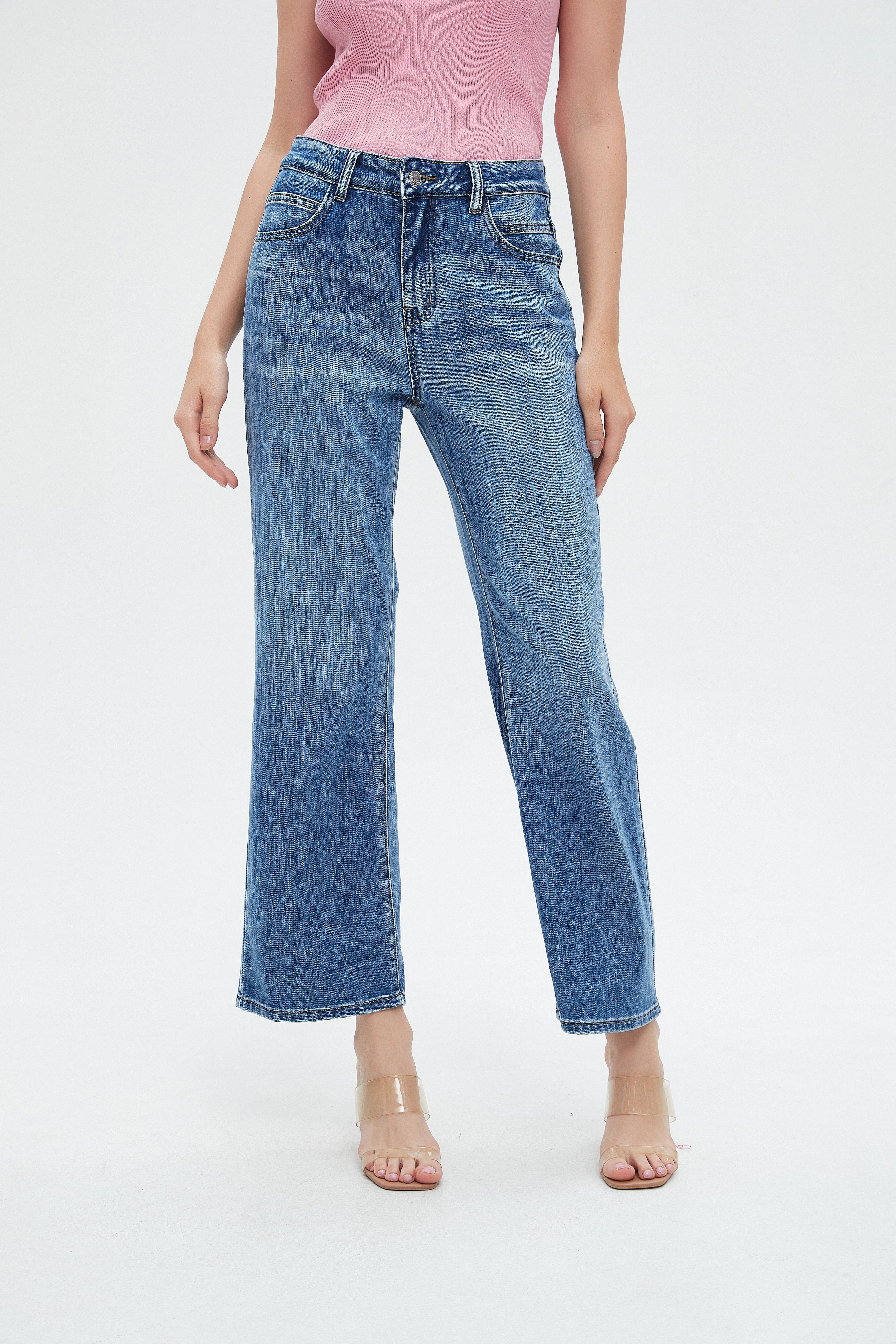 نتشي بنطلون جينز نسائي بجيوب أمامية ورجل واسعة