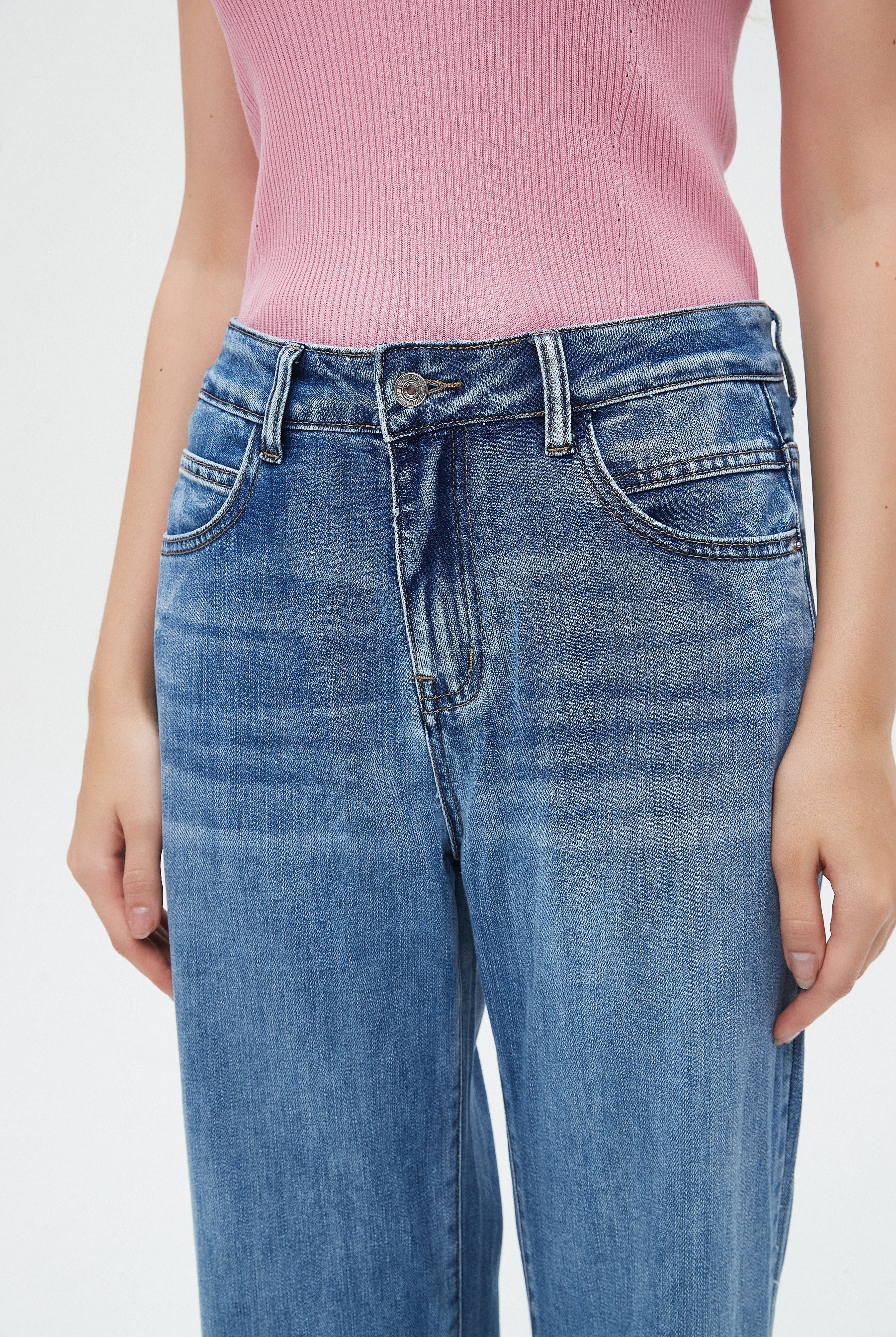 نتشي بنطلون جينز نسائي بجيوب أمامية ورجل واسعة