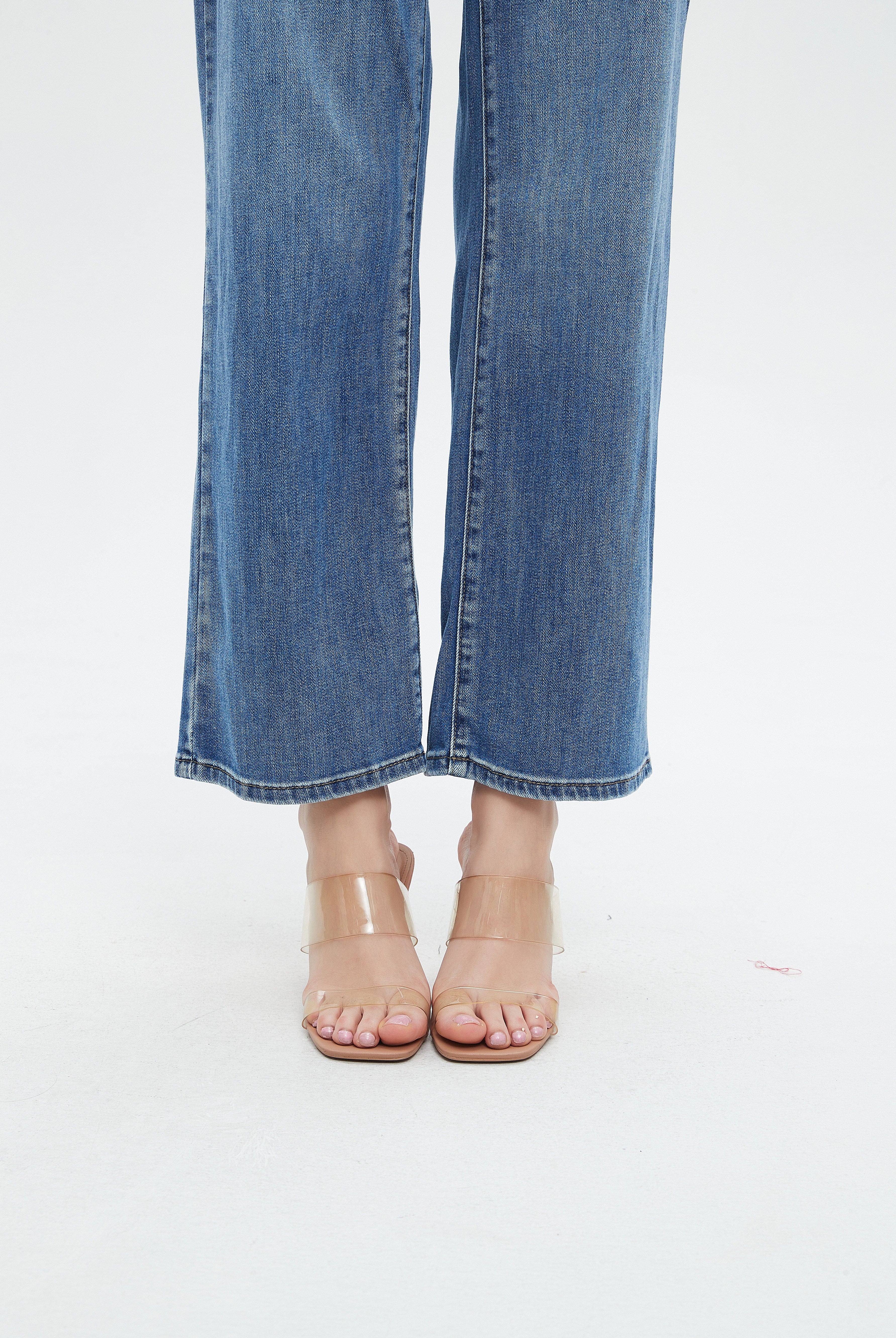 نتشي بنطلون جينز نسائي بجيوب أمامية ورجل واسعة