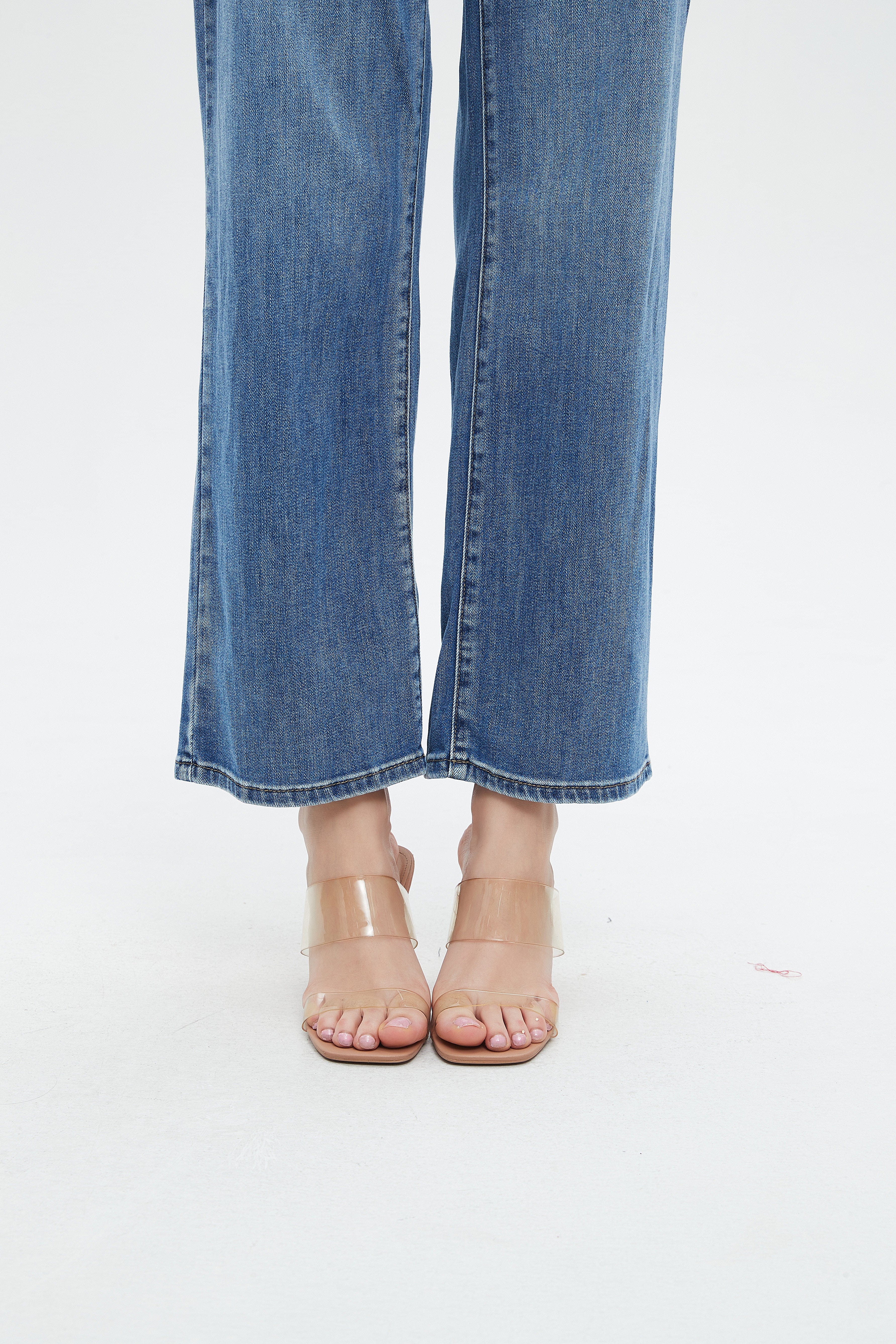 نتشي بنطلون جينز نسائي بجيوب أمامية ورجل واسعة