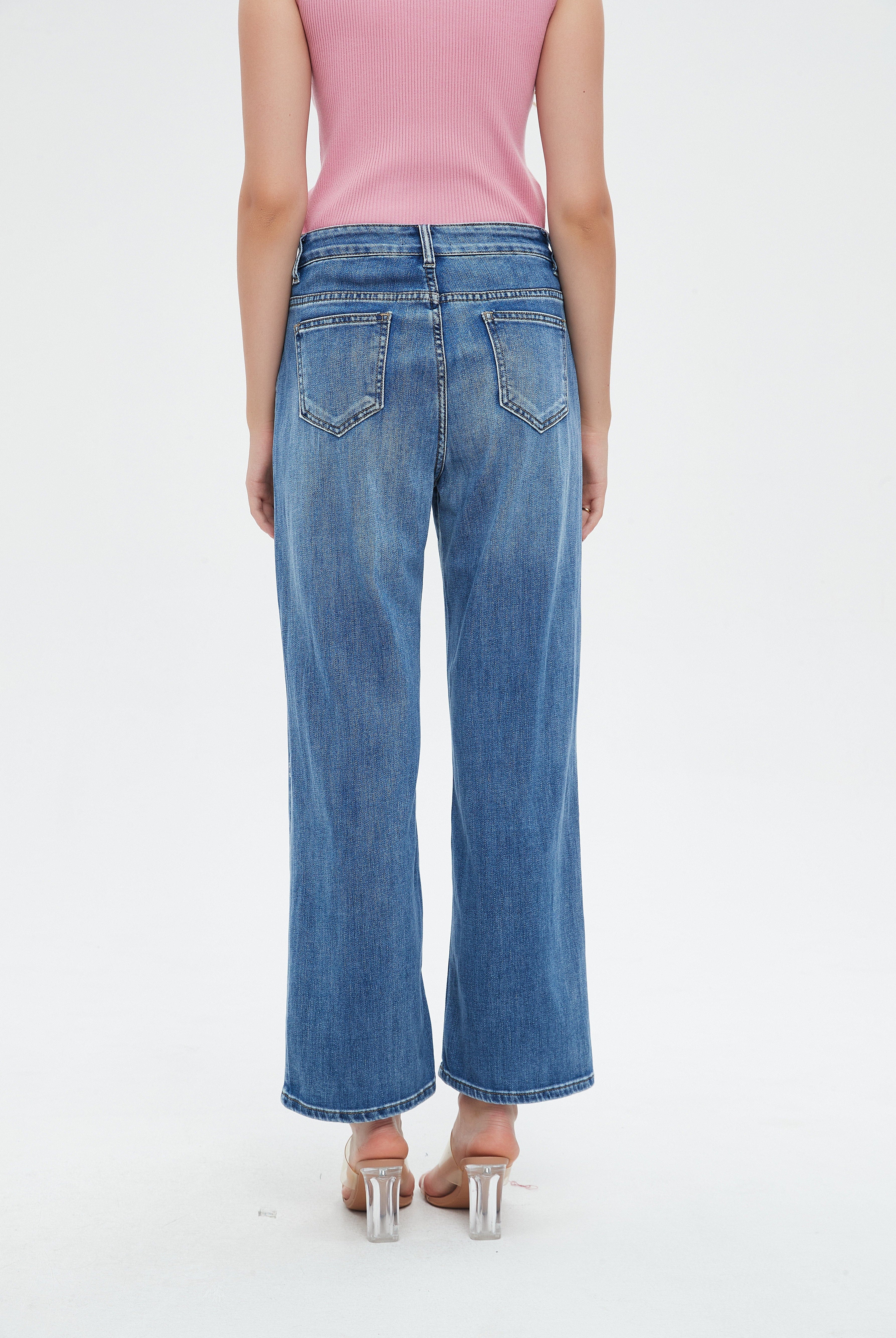 نتشي بنطلون جينز نسائي بجيوب أمامية ورجل واسعة