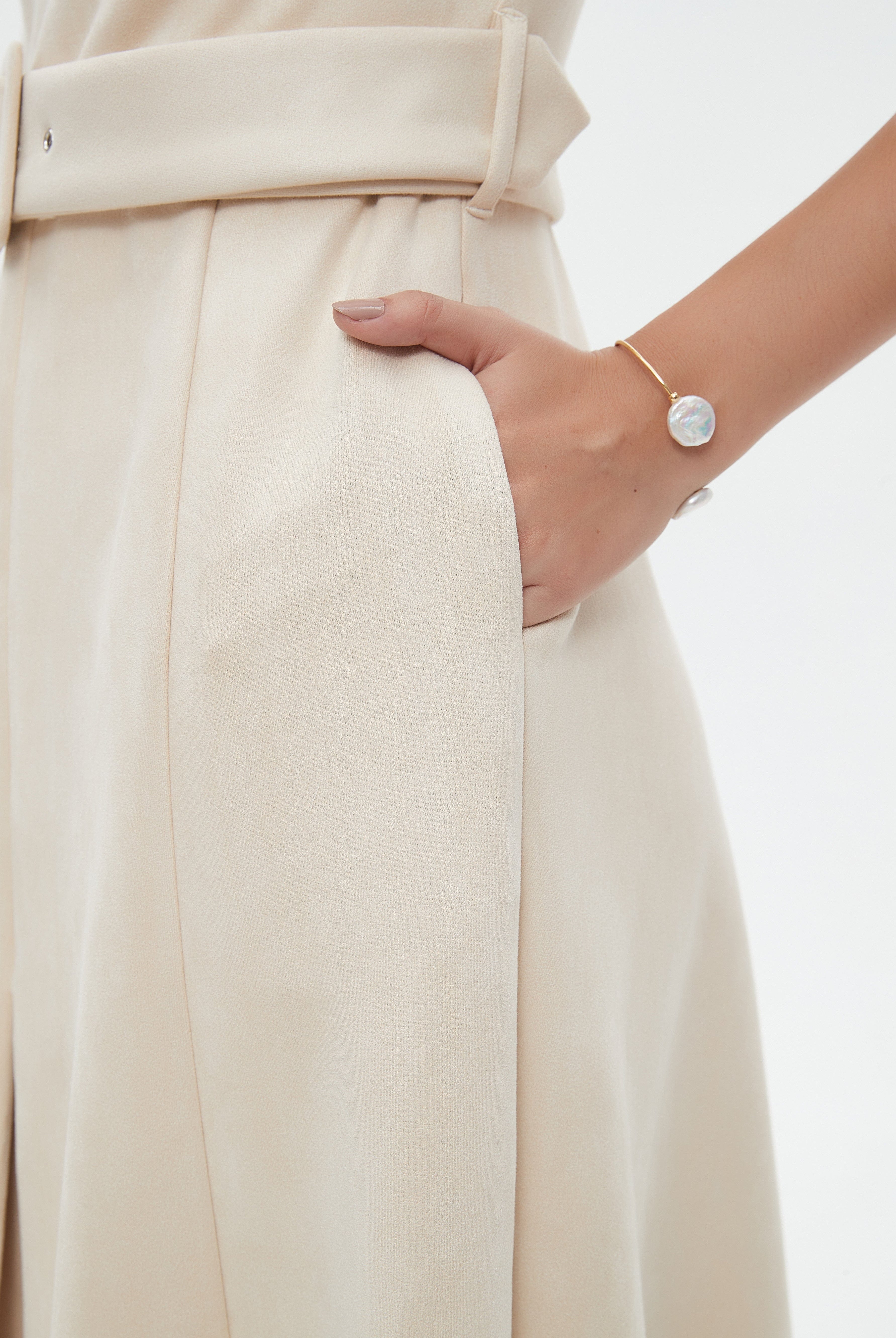 نتشي فستان ميدي بأكمام 3/4 سادة بحزام خصر