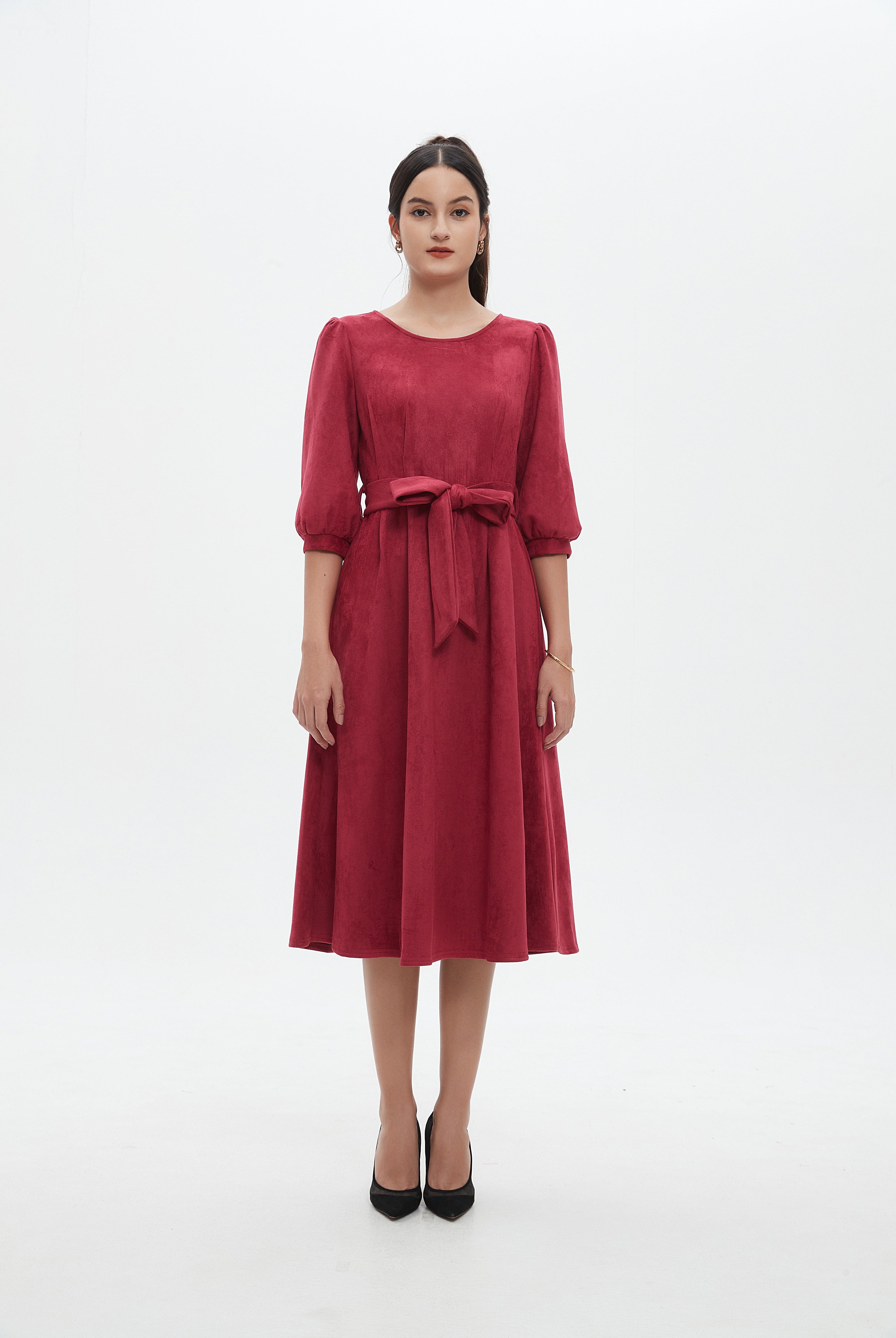 نتشي فستان نسائي ميدي 3/4 كم برباط على الخصر سادة