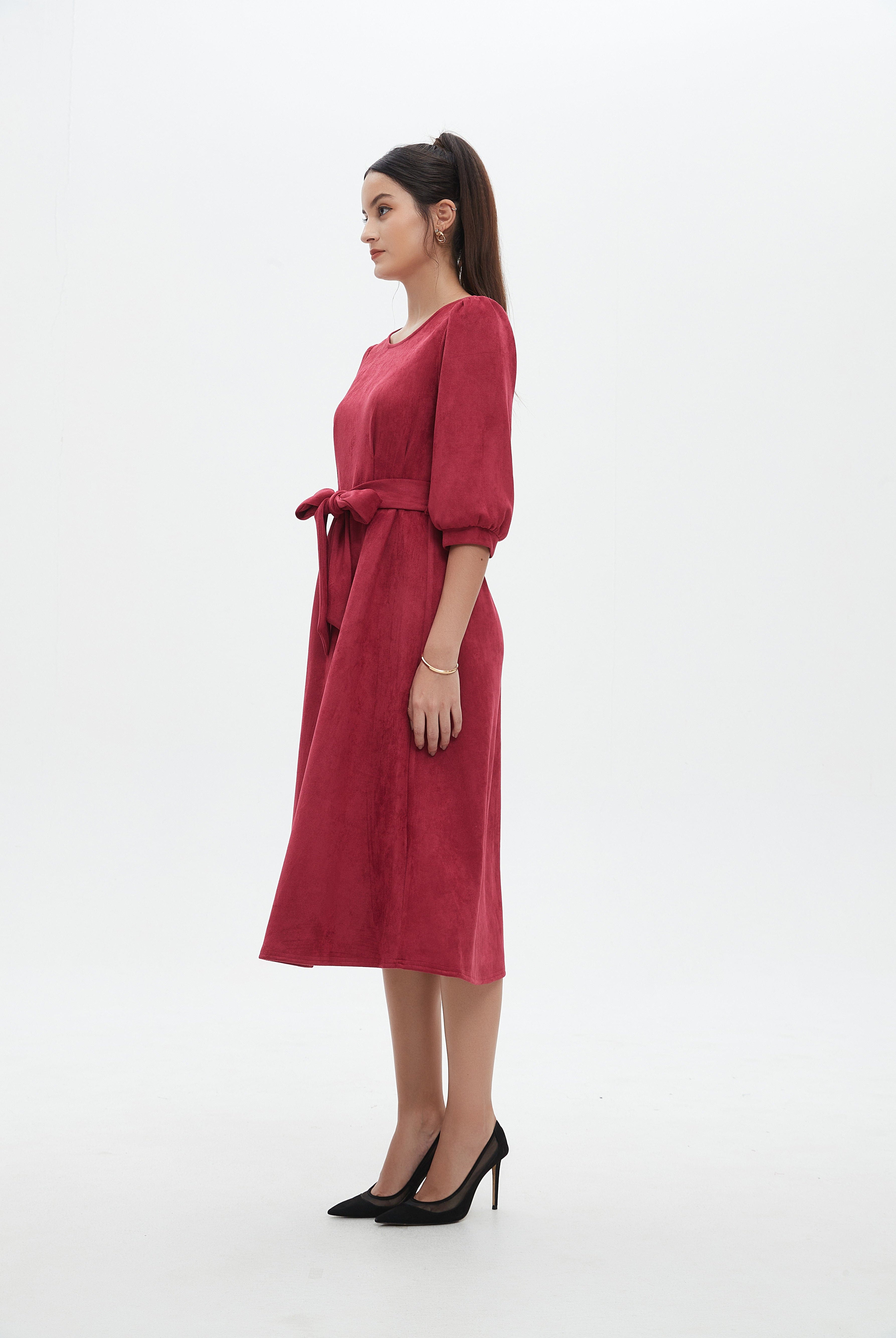 نتشي فستان نسائي ميدي 3/4 كم برباط على الخصر سادة